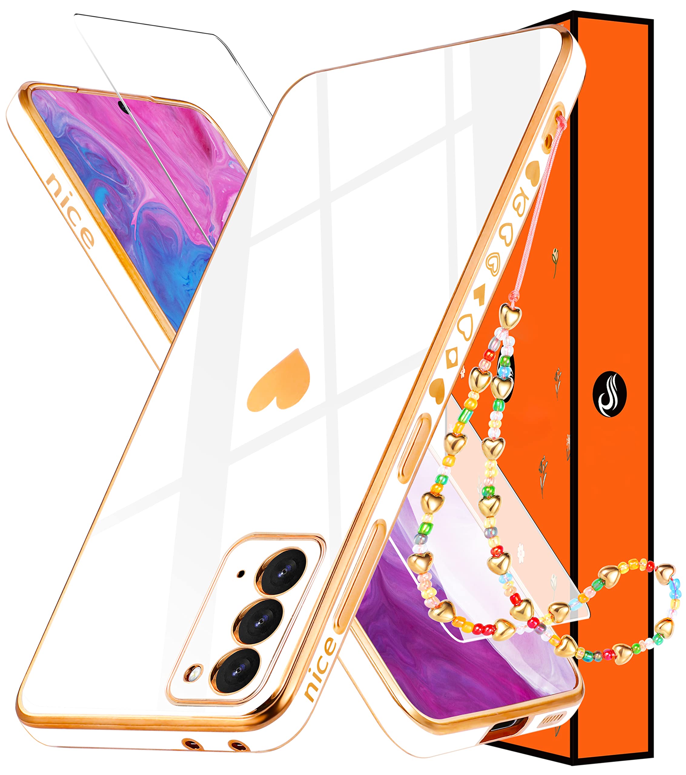 Shorogyt (3In1 Heart Case For Samsung Galaxy Note 20 5G/4G 6.7 Inch Women Cute Aesthetic Love Hearts Pattern Girls White Gold Lu