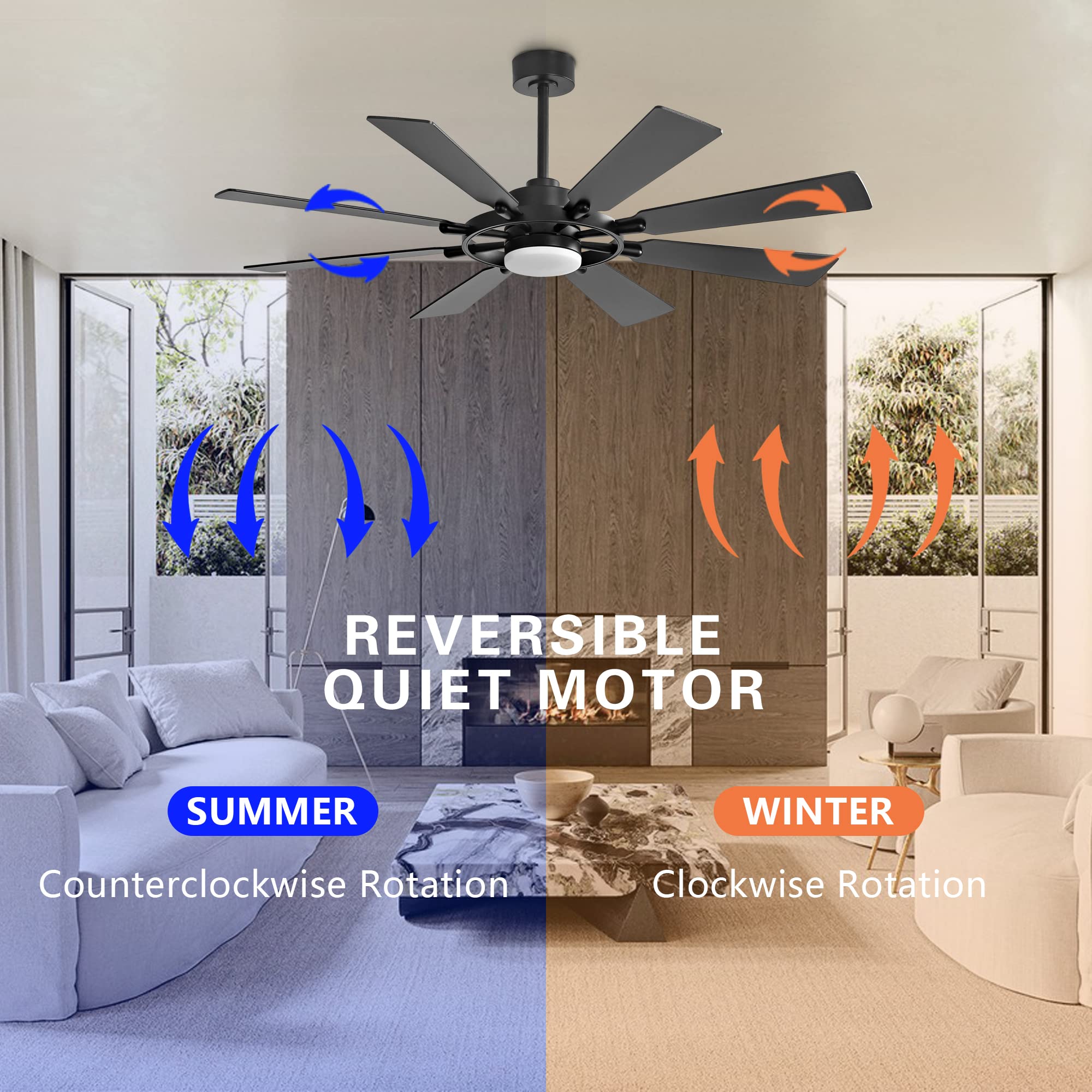 Elehinser 60 Inch Ceiling Fan With Lights And Remote Control, 8 Wood Blades 6 Speed Noiseless Reversible Dc Motor, Modern Large