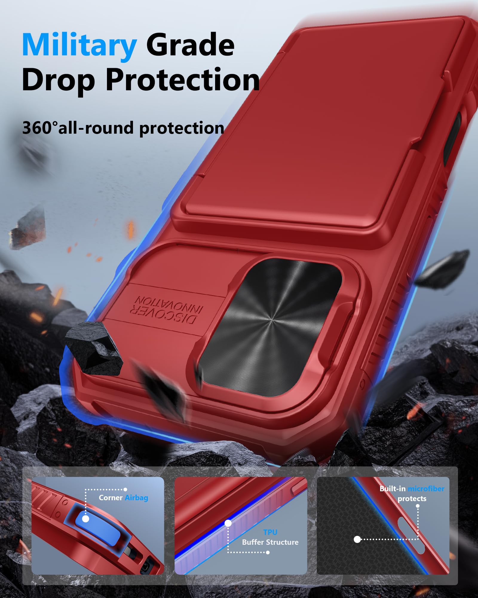 Atatoo For Iphone 16 Case With Card Holder (Store 3 5 Cards) [Rfid Blocking] & Slide Lens Protector, Military Grade Protection,