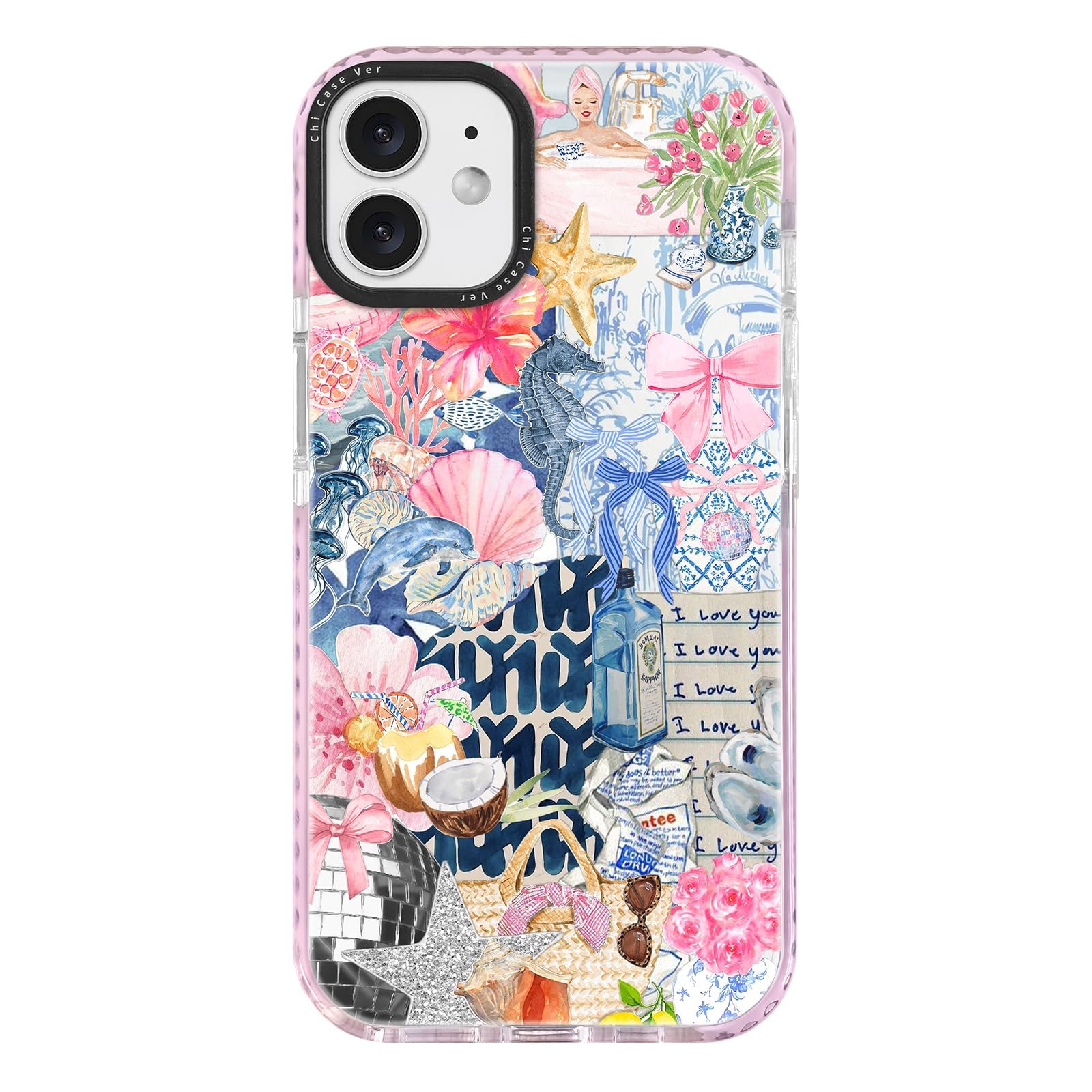 ChiCaseVer for iPhone 12 mini Case,Coastal Romantic Y2K Seahorse & Hibiscus Art Collage Design Pattern Aesthetics,Military-Grade
