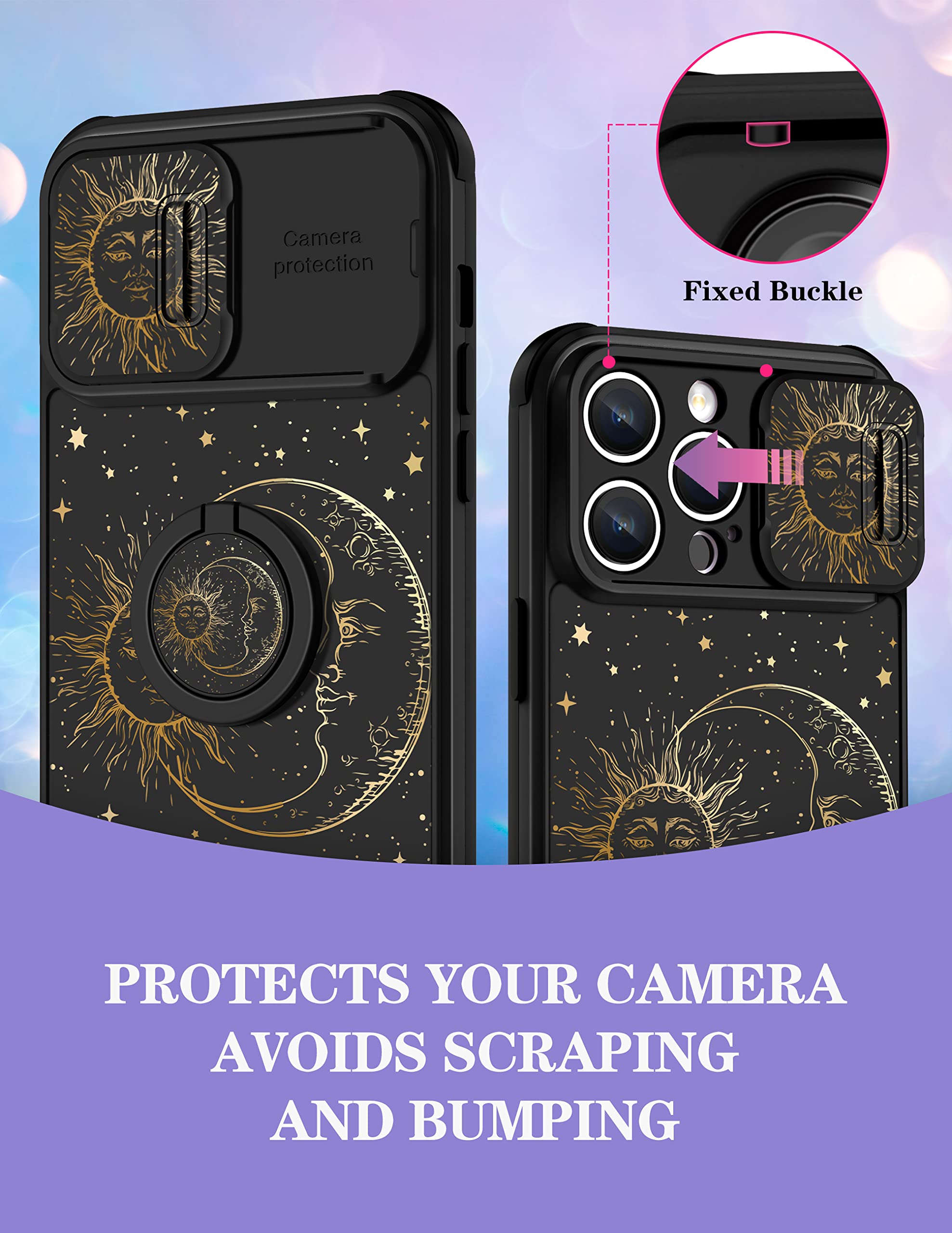 Goocrux (2In1 For Iphone 14 Pro Max Case Sun And Moon Stars For Women Girls Cute Space Phone Cover With Slide Camera Cover+Ring