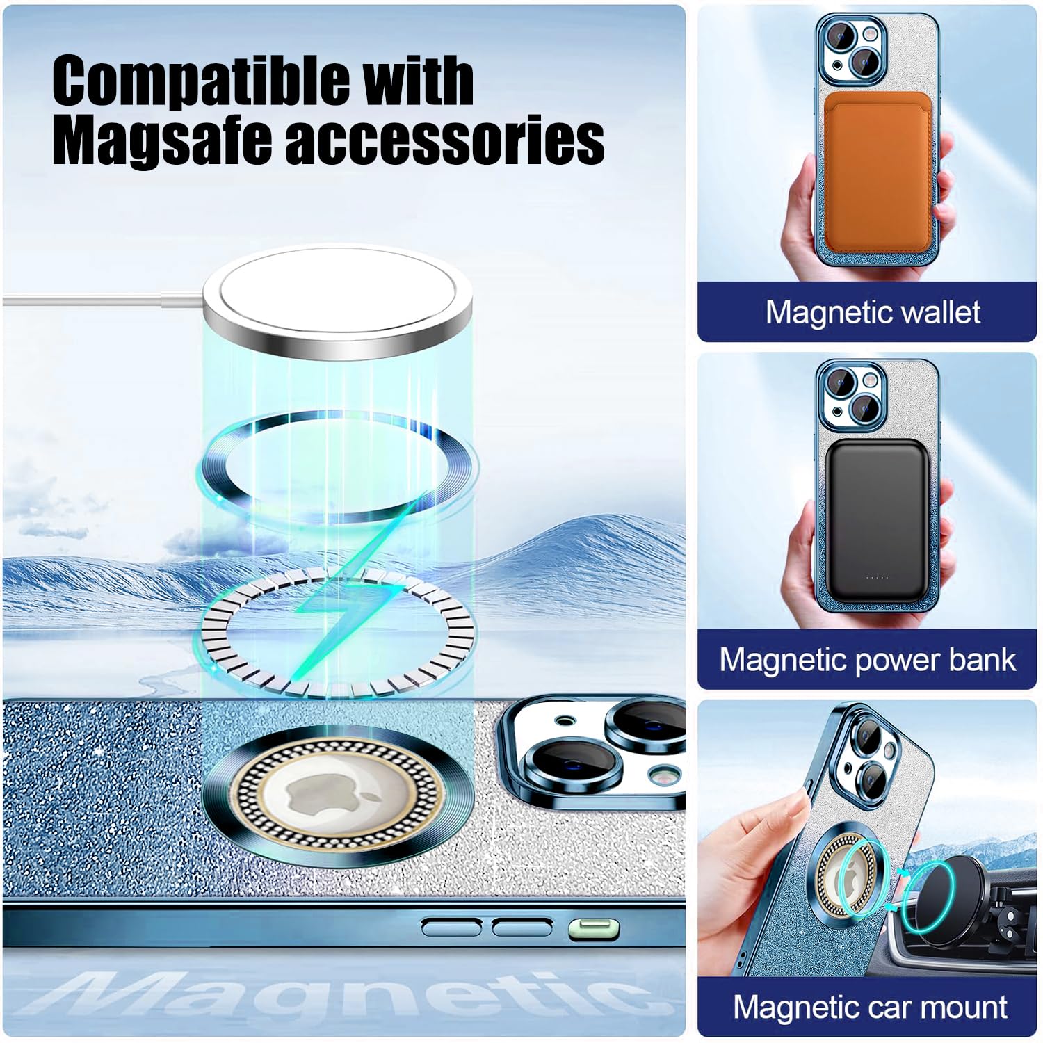 Misscase For Iphone 15 Magnetic Case Compatible With Magsafe,Full Protection Slim Shockproof Anti Scratch Glitter Case With Came
