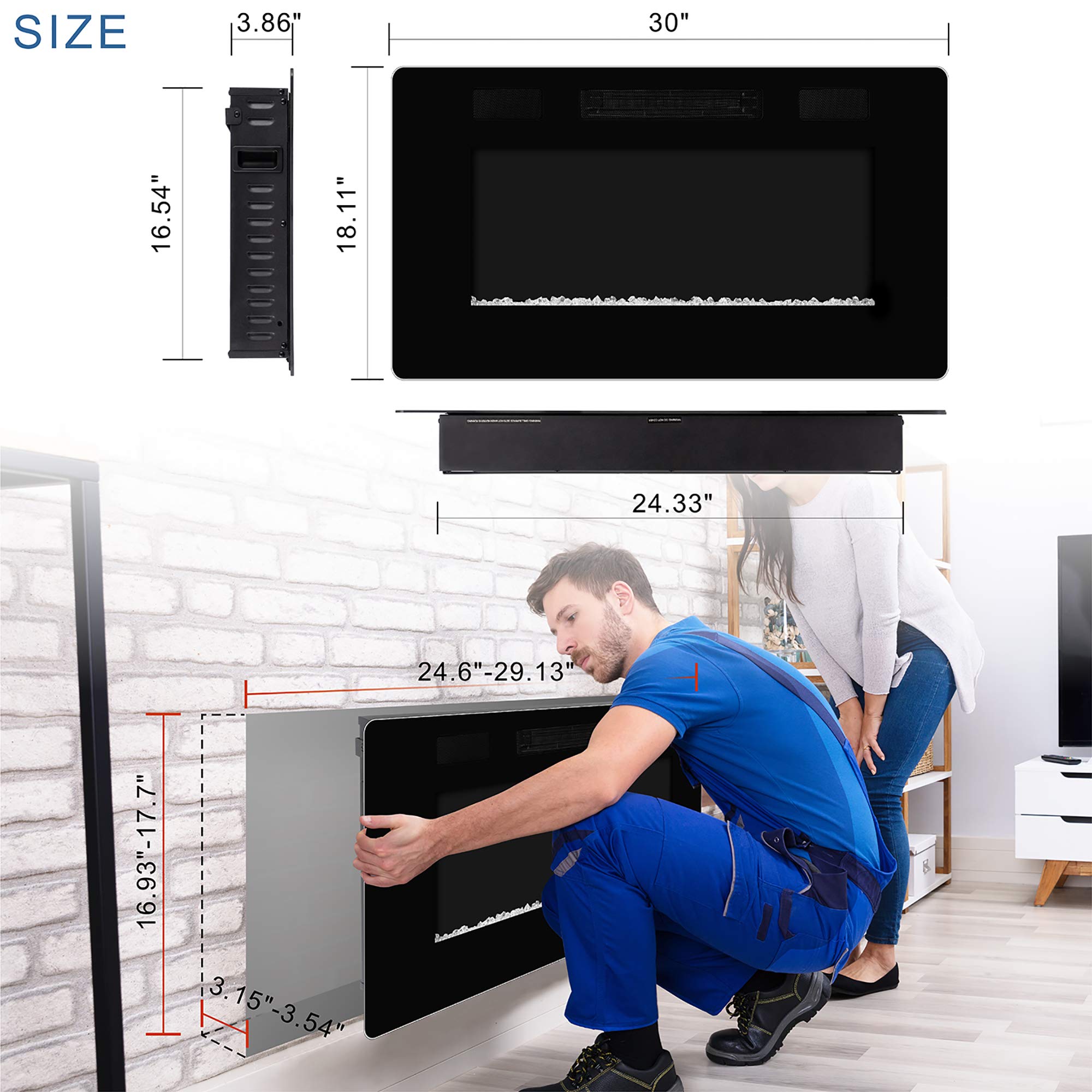 Xbeauty 30 Inch Wall Mounted Recessed Electric Fireplace Insert, Flush Mount Linear Fireplace, Ultra Thin Lightweight Led Firepl