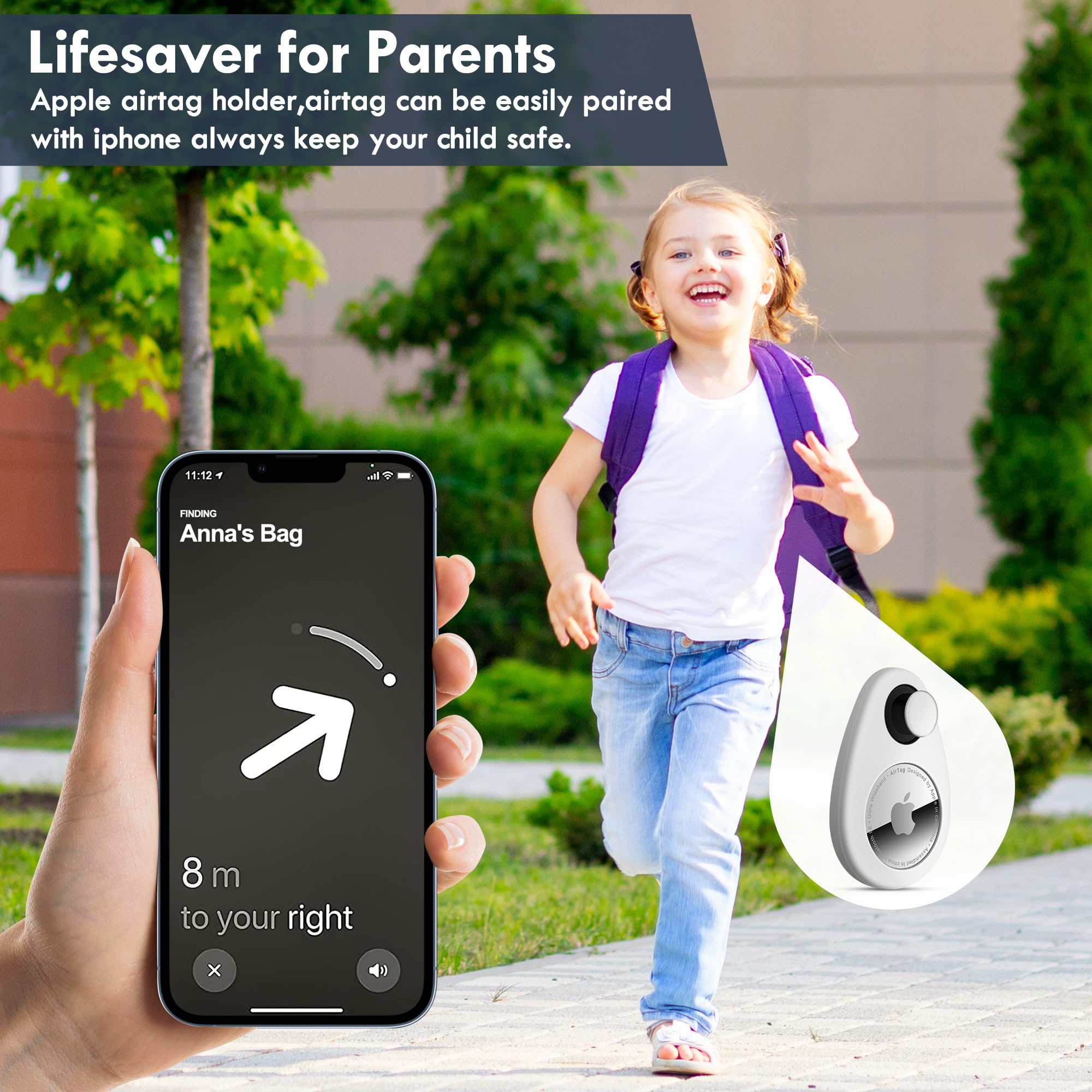 lulaven Hidden Airtag Holder Anti-Removal Silicone Case with Pins 2 Pack Black White for Kids Pets Backpack