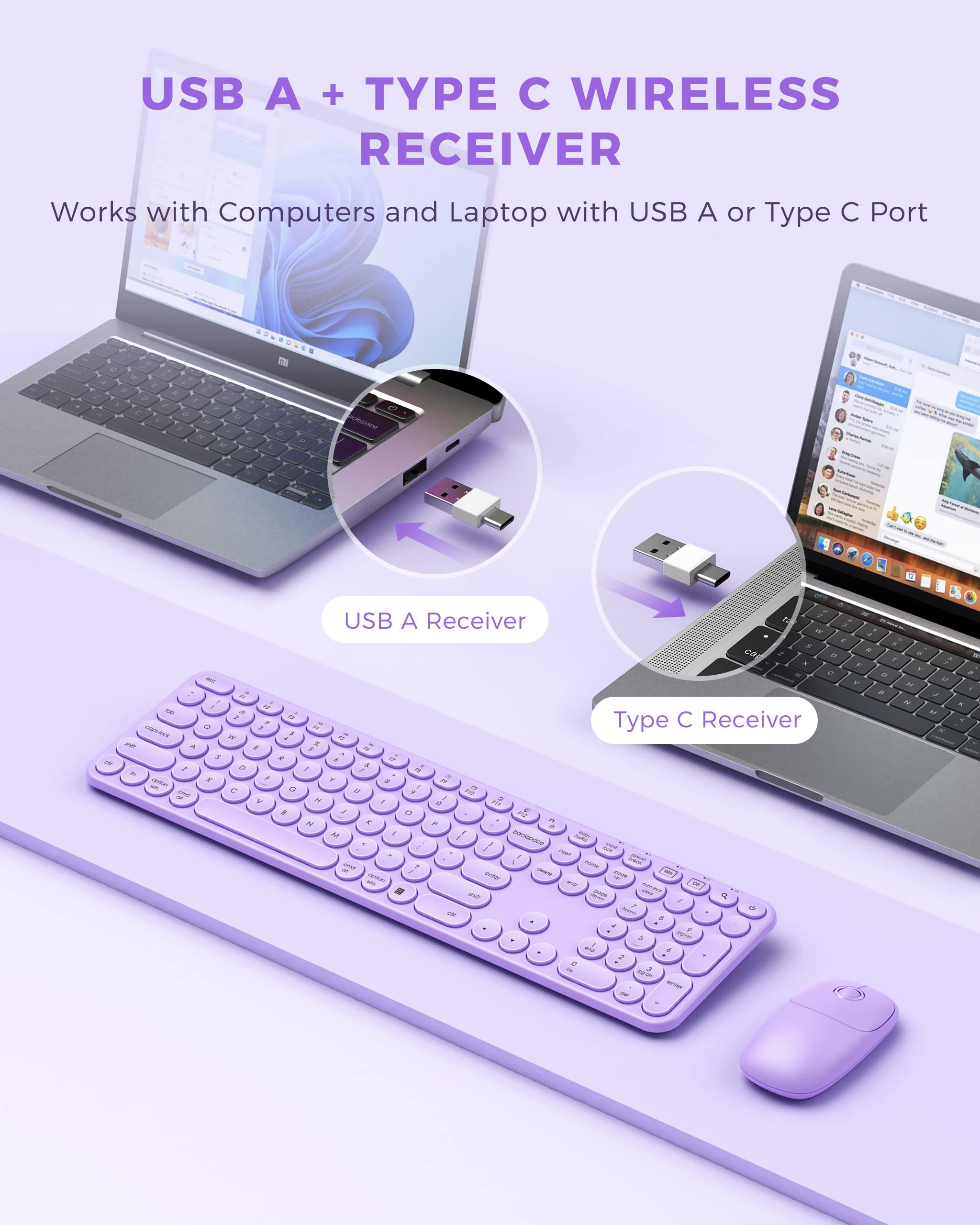 Peious Wireless Keyboard And Mouse Combo, Cute Purple Keyboard & Mouse With Usb And Type C Receiver, Full Size Wireless Mouse An