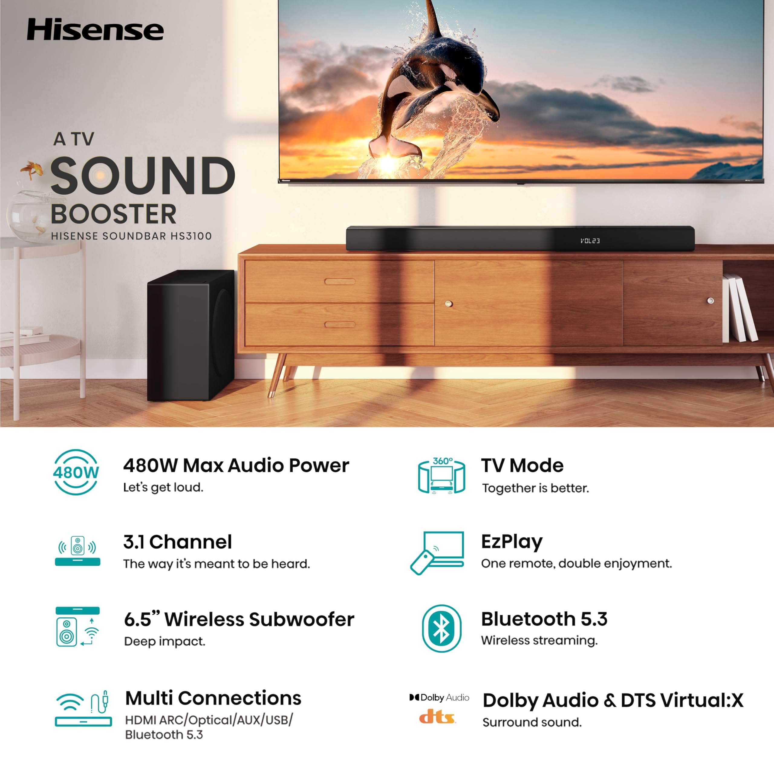 Hisense Hs3100 3.1Ch Sound Bar With Wireless Subwoofer, 480W, Dts Vritual: X, Dolby Digital Plus, Bluetooth 5.3, Ezplay, Roku Tv
