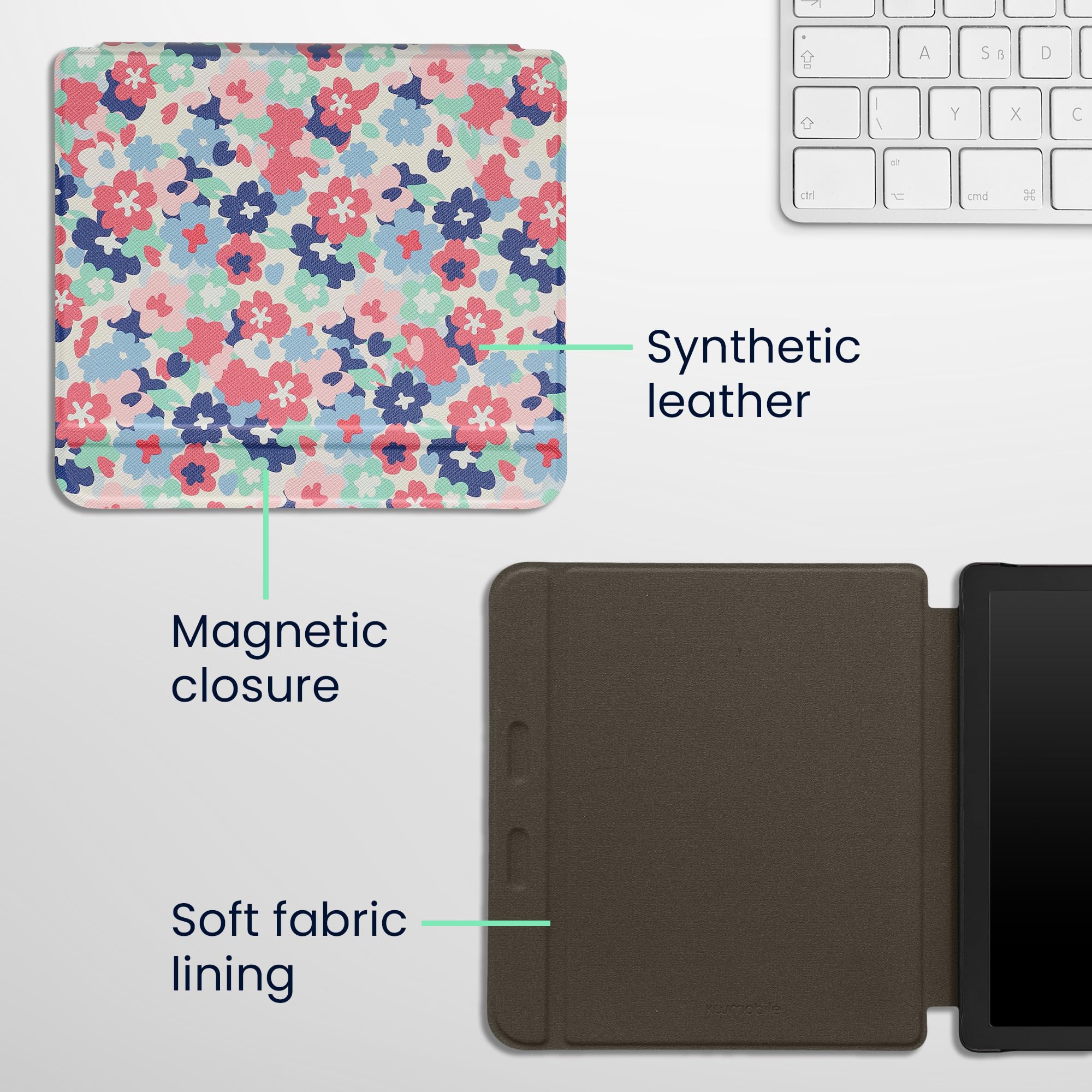 Kwmobile Case Compatible With Kobo Libra 2 Case   Ereader Cover   Pastel Flowers Red/Dusty Pink/Blue