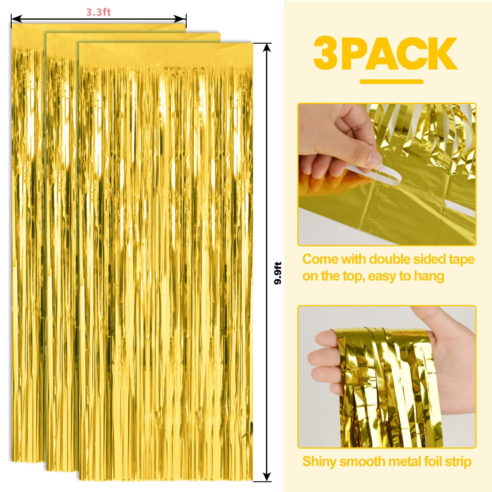 3 Pack 3.3 Ft X 9.9 Ft Gold Tinsel Curtain Party Backdrop Decorations, Metallic Foil Fringe Backdrop Door For Bachelorette Party