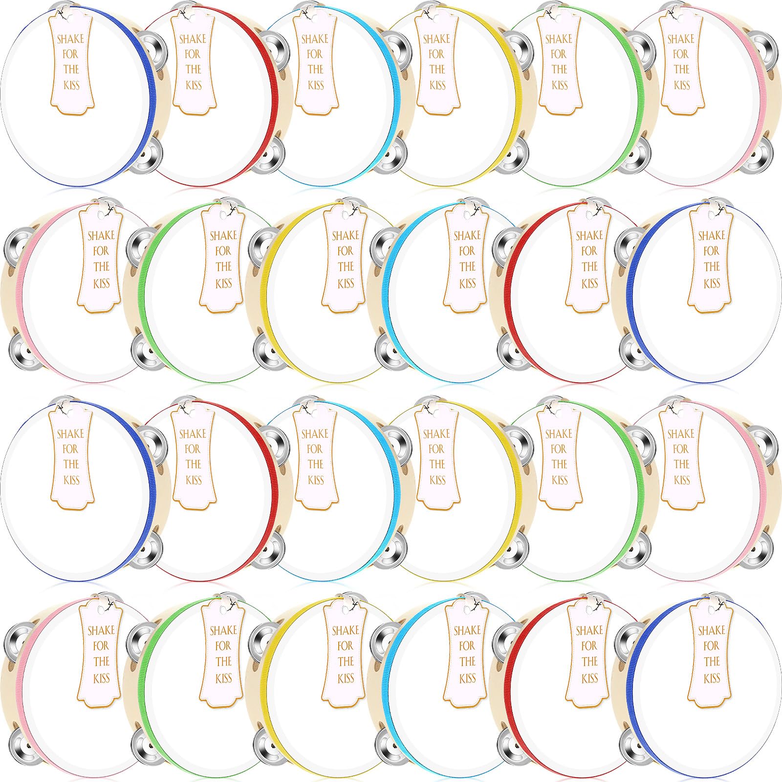 Lukmaa 24 Set Tambourine for Adults Wooden Hand Held Drum with Metal Jingles, Gift Tags, White I Love You Printed Ribbon Percuss