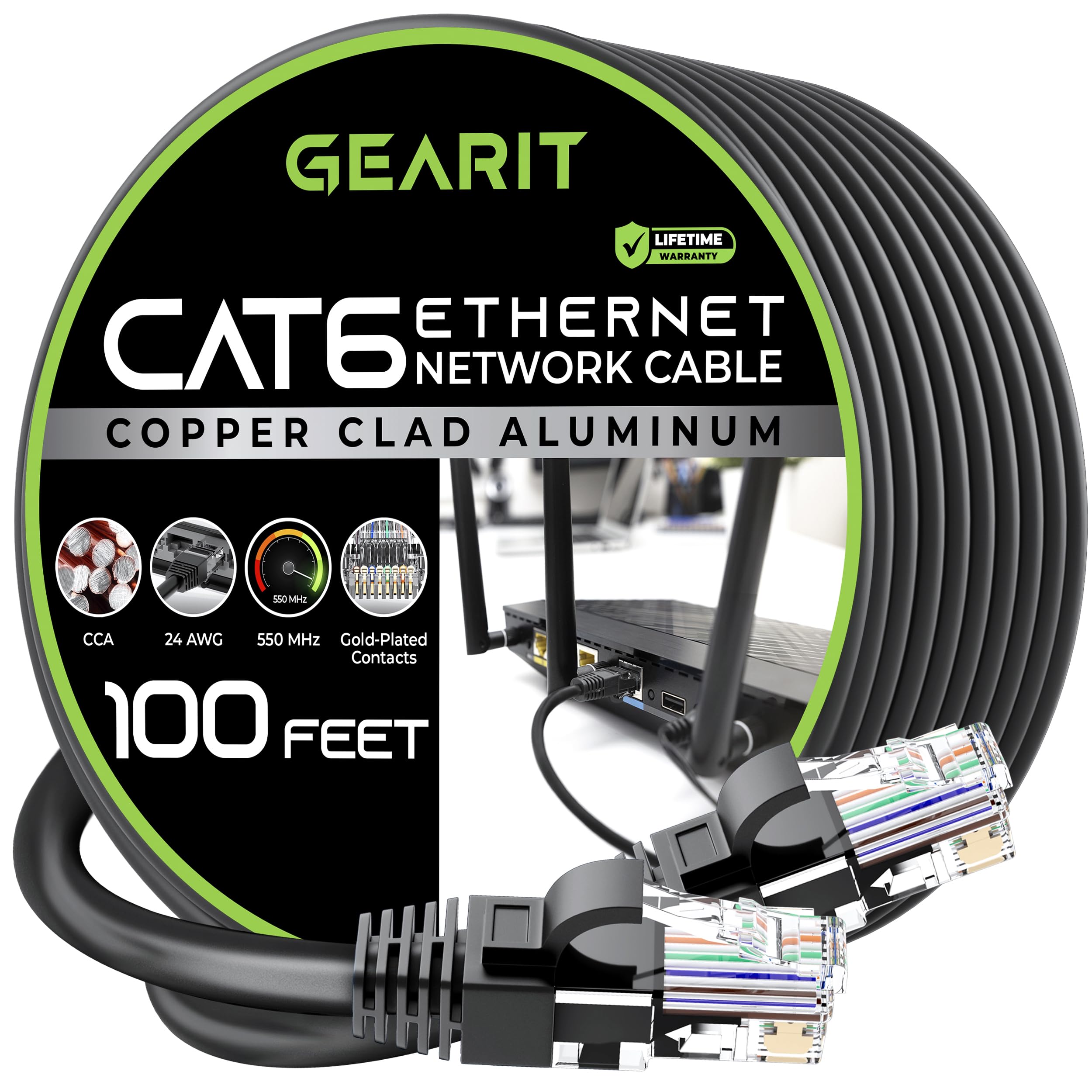 Gearit Cat 6 Ethernet Cable Cca (100 Feet) Lan Network Cord, Utp, Internet, Network Cable   Supports Cat6 / Cat5E / Cat5 Network