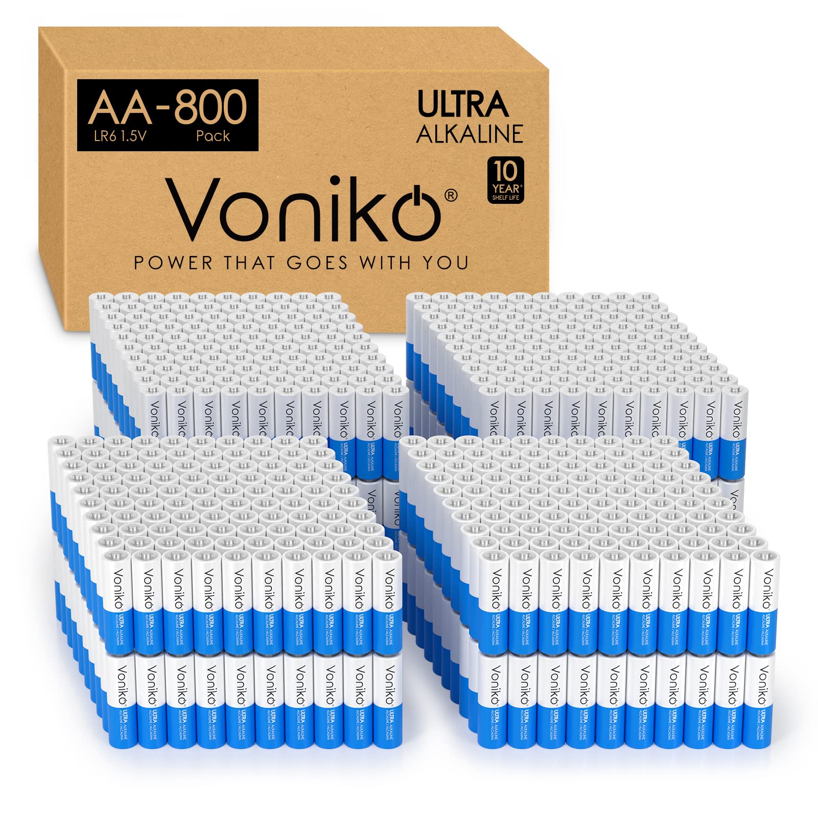 Voniko   Premium Grade Aa Batteries   (800 Pack)   Alkaline Double A Battery   Ultra Long Lasting, Leakproof 1.5V Batteries   10