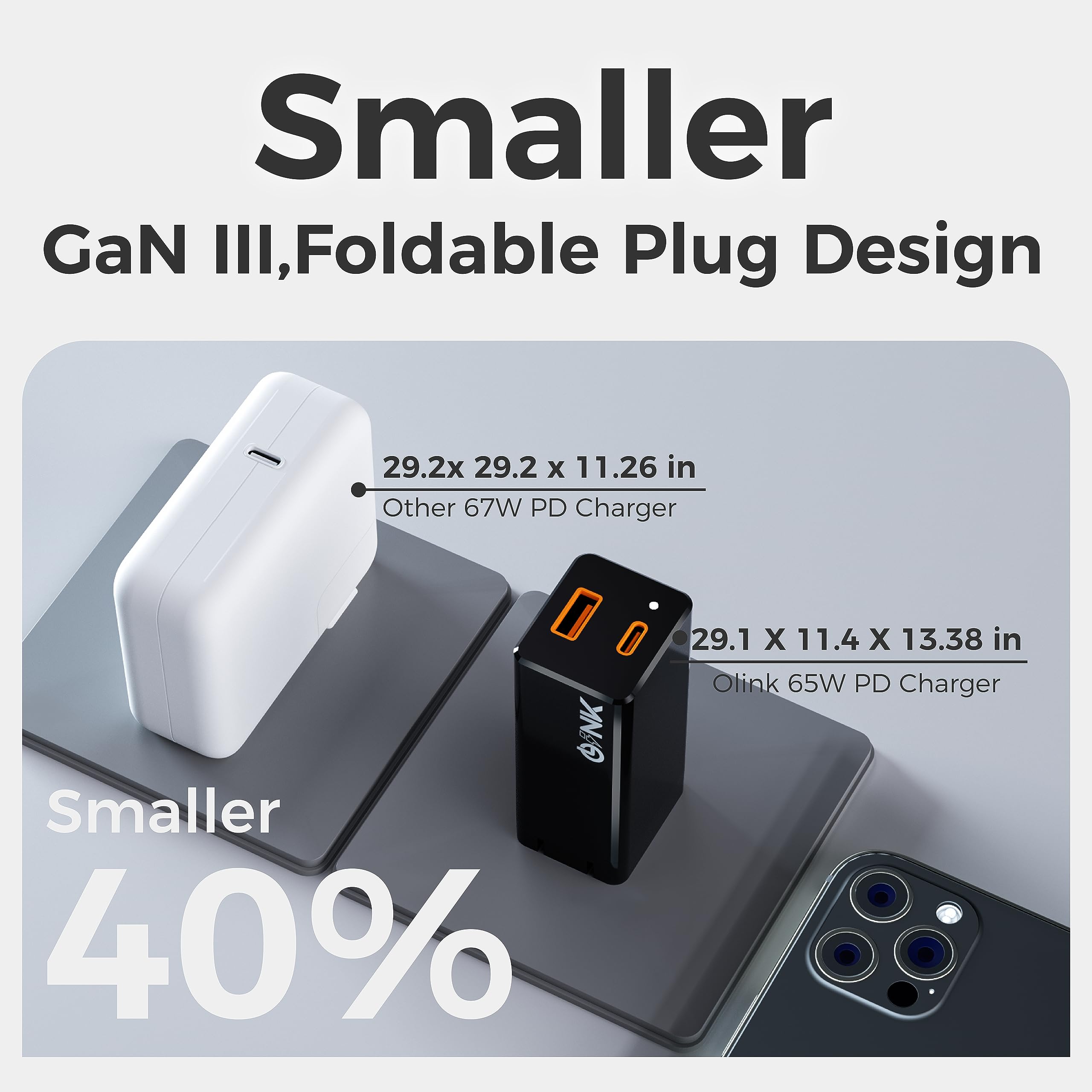 Olink 65W Fast Charging Usb C Gan Charger, Universal Compact Usb Charger Block For Laptops, Tablets, Iphone Pro Max, Ipad, Macbo