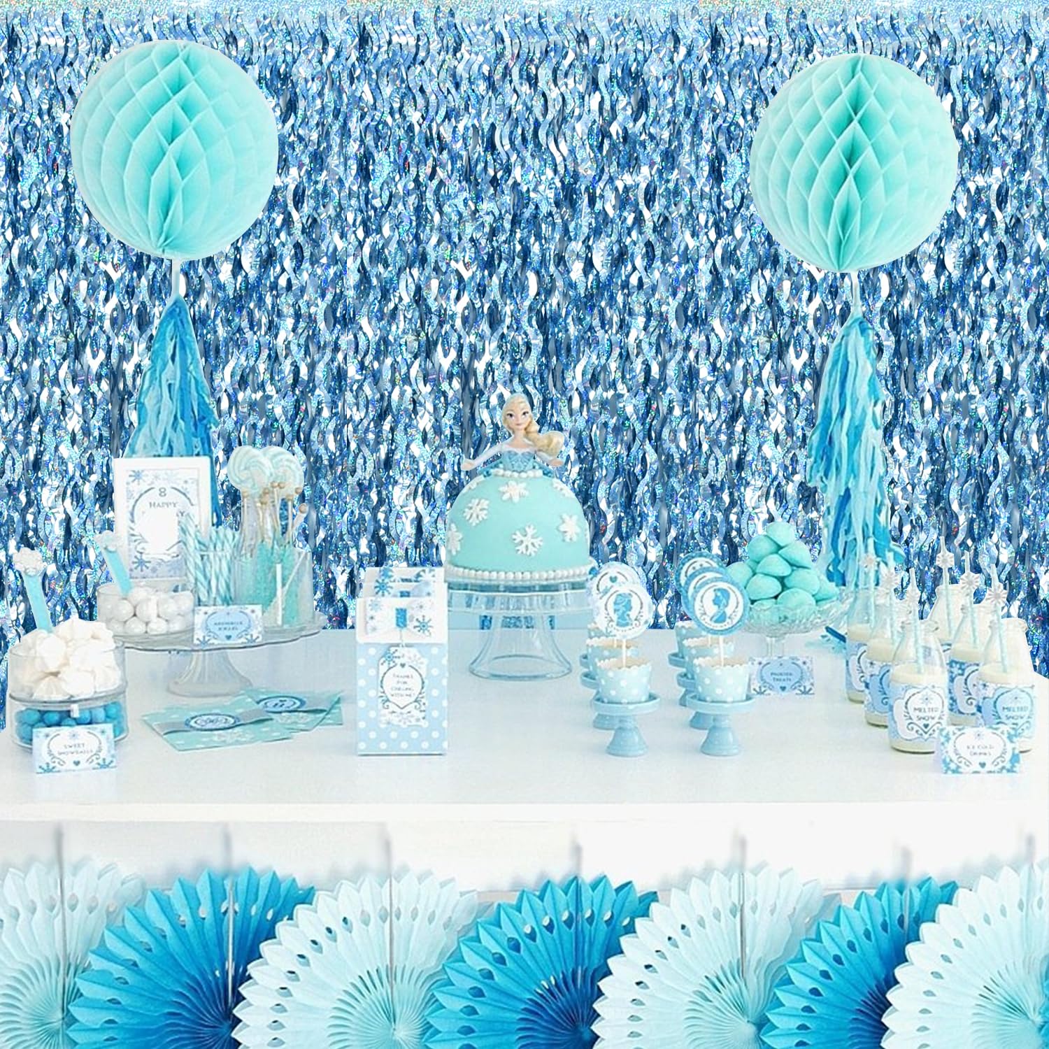 Toniful 3Pcs Wavy Metallic Tinsel Foil Fringe Curtains Light Blue Streamer Backdrop For Photo Booth Props,Party Door Wall Curtai