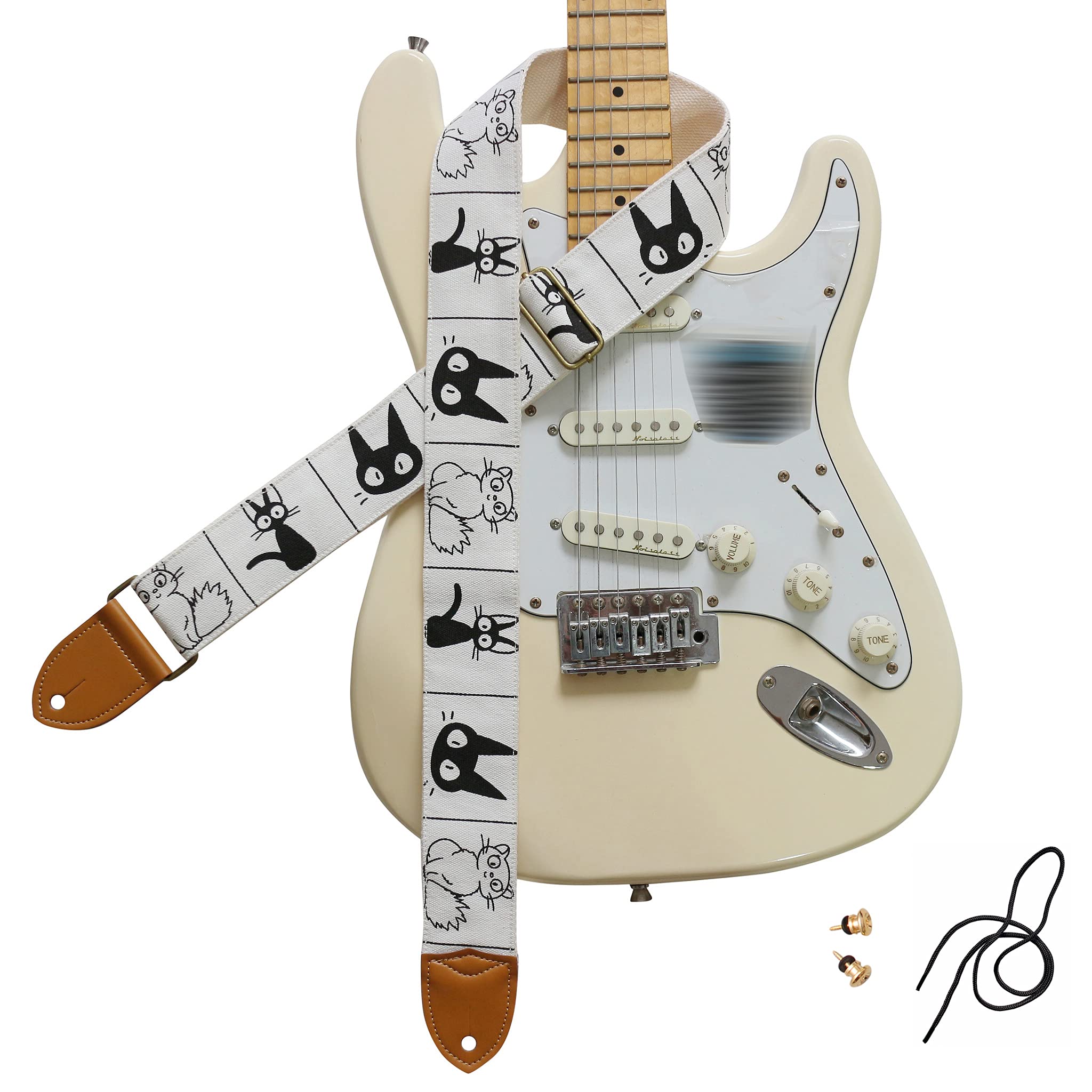 MUSIC FIRST Original Design, 2 inch width (5cm), Cute Comic Cat Soft Cotton Canvas & Genuine Leather Electric Guitar Strap Bass 
