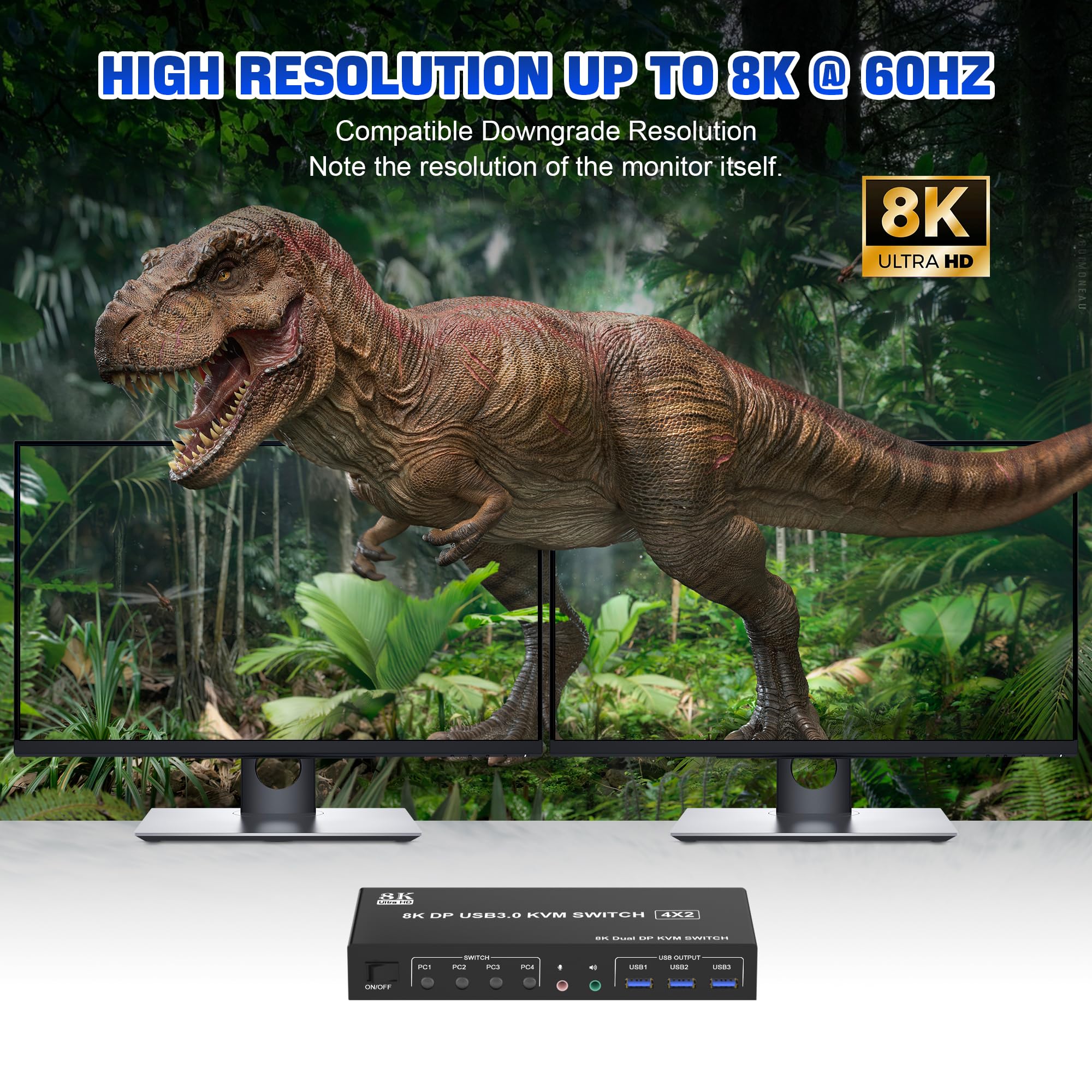 8K@60Hz Usb 3.0 Displayport Kvm Switch 2 Monitors 4 Computers, Dual Monitor Kvm Switch With Audio Output And 3 Usb 3.0 Ports, 4
