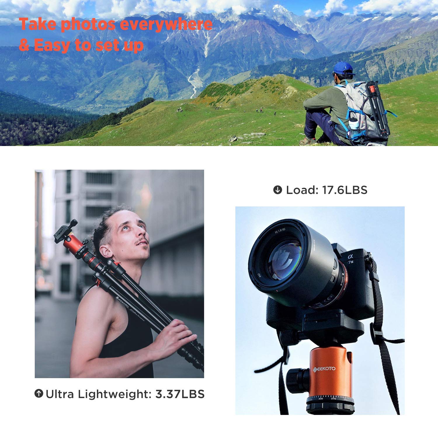 Geekoto 77�� Tripod, Camera Tripod For Dslr, Compact Aluminum Tripod With 360 Degree Ball Head And 8Kgs Load For Travel And Work