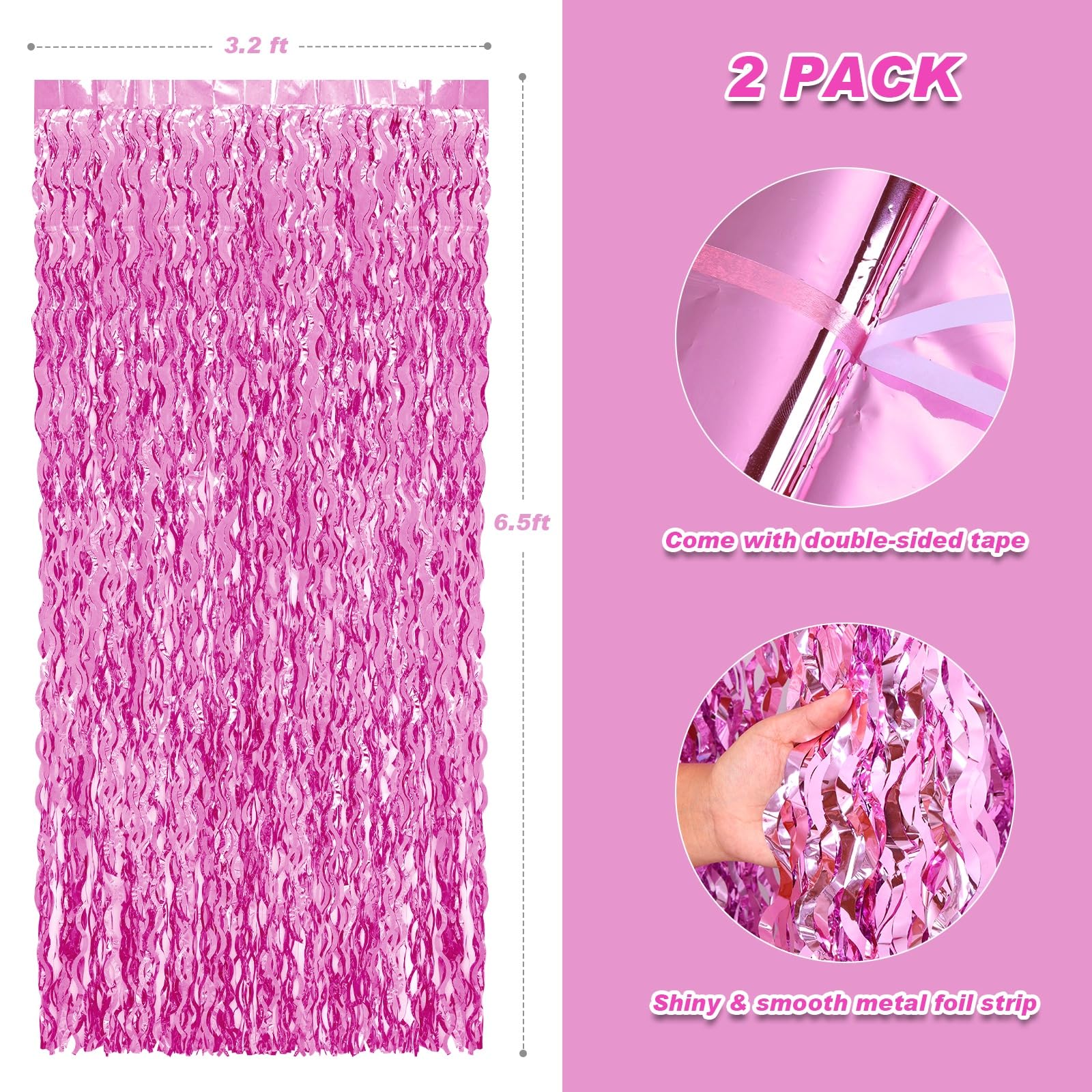 Pigetale 2 Pack 3.2X6.5 Feet Wavy Pink Foil Fringe Backdrop Curtains, Tinsel Streamers Princess Party Decorations Photo Booth Pr