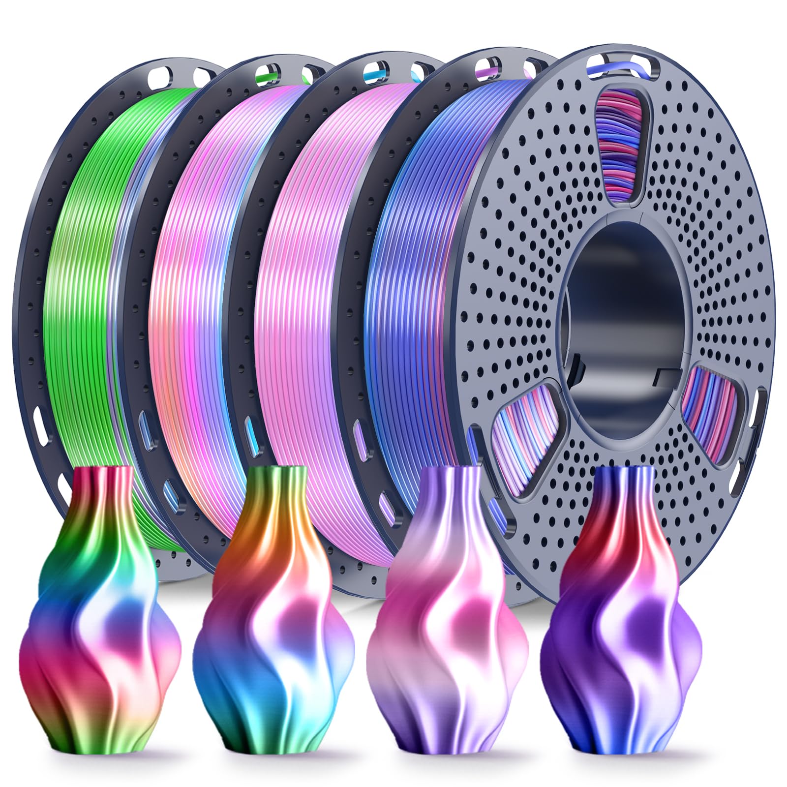 SUNLU Silk Rainbow PLA Filament Bundle 1.75mm, Multicolor Gradient Shiny Silk 3D Printer Filament, 250g x 4 Mini Spools, Neatly 