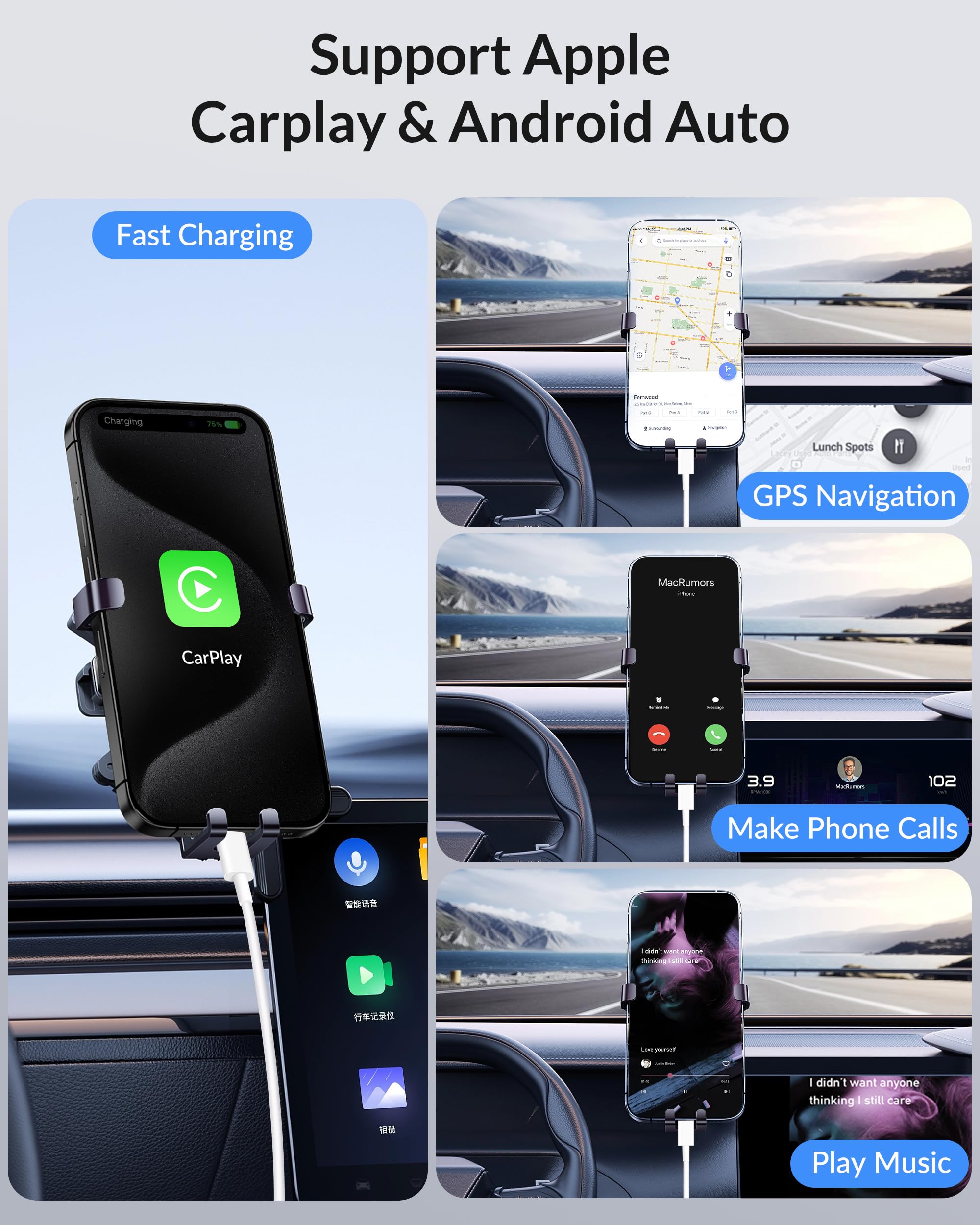 Carplay Cable Car Charger Cord For Iphone 15/16 Pro/Max/Plus, For Apples Ipad, Pixel, Galaxy, Android Phones, Usb A To Usb C Cab