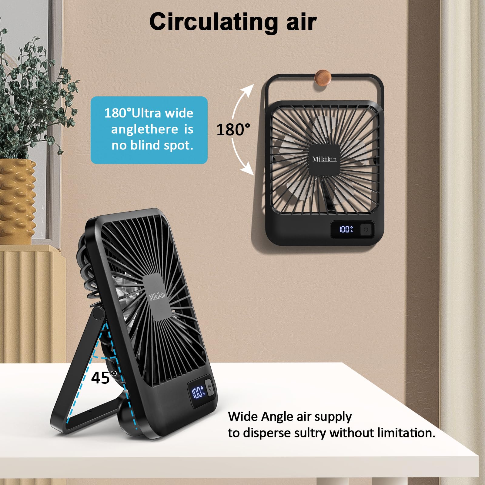 Mikikin Desk Fan Battery Operated, Portable Usb Rechargeable Fan, 2000Mah 180 Tilt Folding Personal Fan With Power Display, 5 Sp