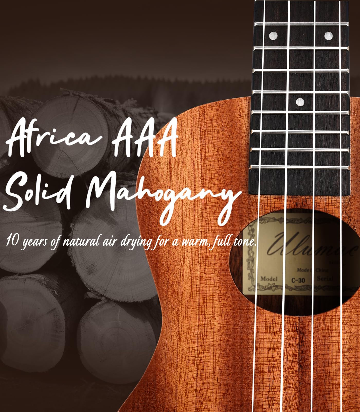 Ulumac Concert Ukulele, Solid Mahogany 23Inch Ukelele For Adults Kids Beginner With Gig Bag, Digital Tuner, Replacing Strings, 3