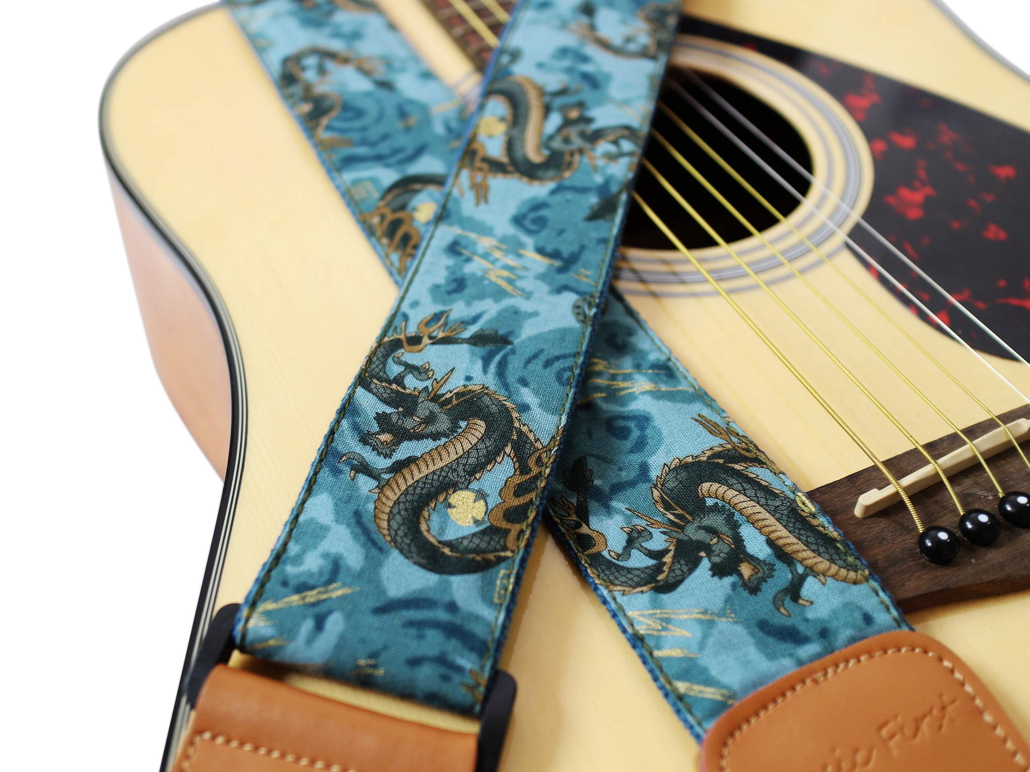 Music First Original Design, 2 Inch Width (5Cm), Ukiyoe Style The Dragon King    Soft Muslin & Genuine Leather Delux Guitar Stra