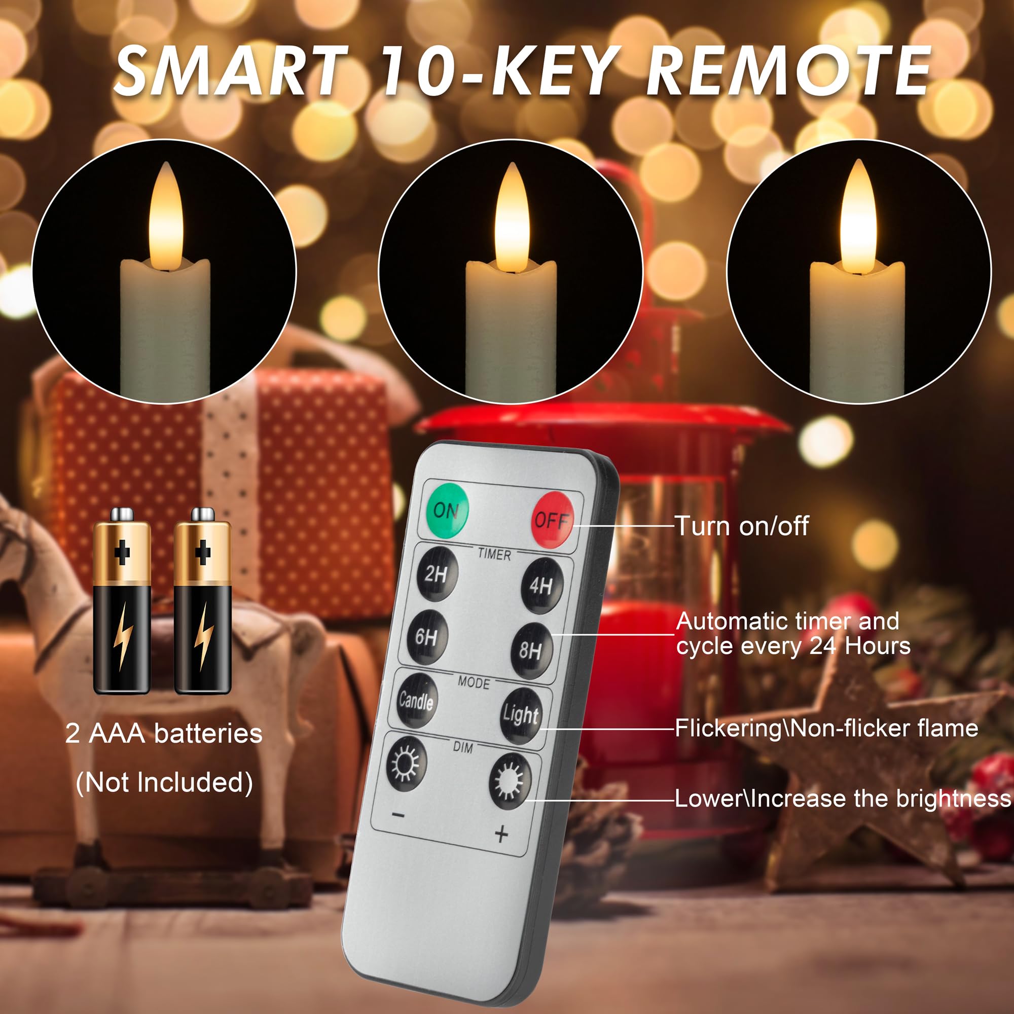 Afineth Flameless Taper Candles With Rmote, 9.6'' Real Wax Battery Operated Candles With 3D Wick, 3 Pack Led Candles Flickering