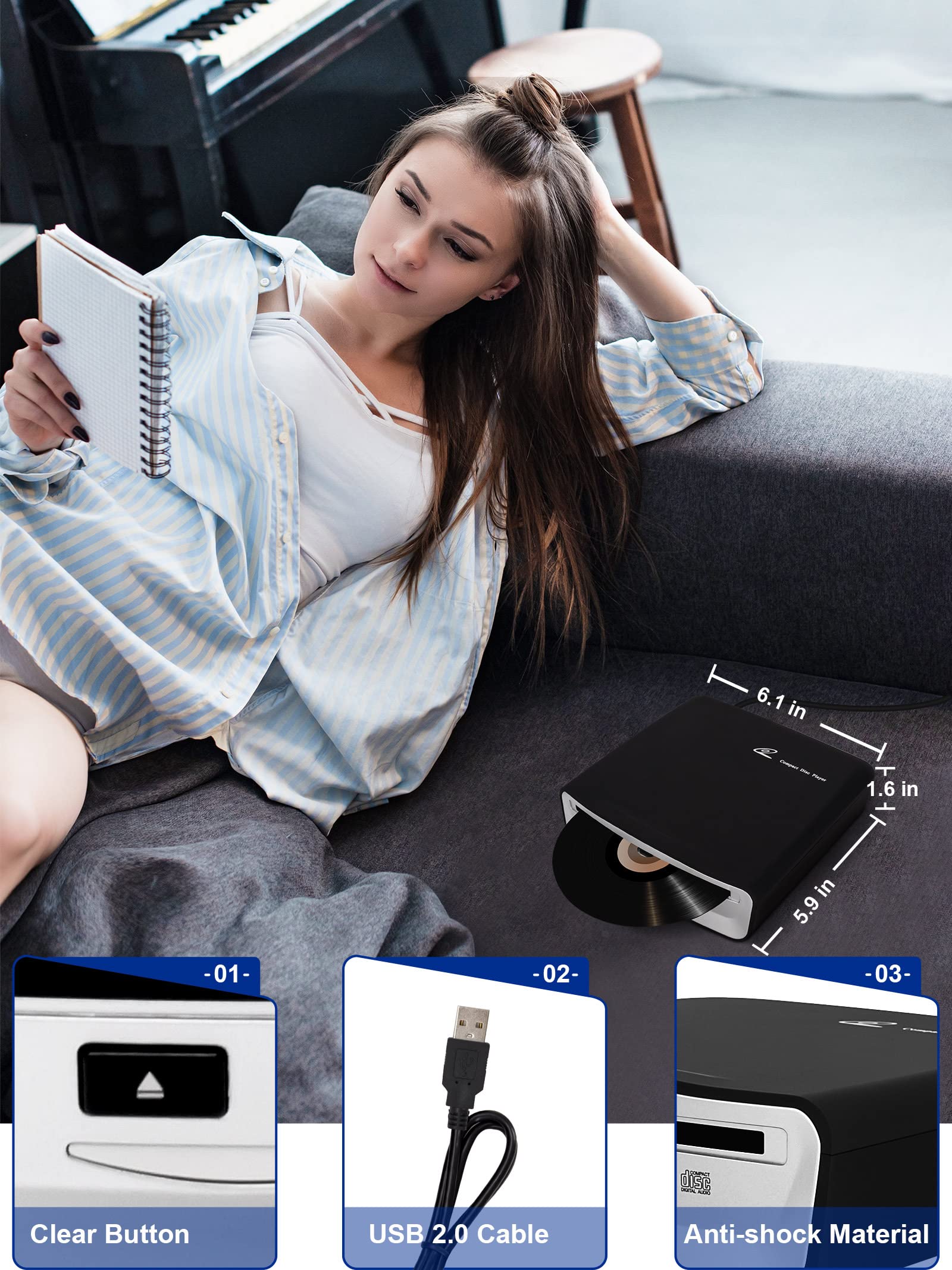 External Universal Cd Player For Car   Lehwey Portable Cd Player With Extra Usb Extension Cable, Plugs Into Car Usb Port, Laptop