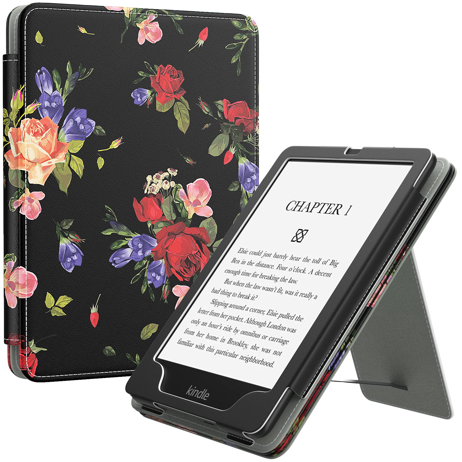Moko Case For Kindle Paperwhite 11Th Generation 2021 Release, Slim Pu Shell Cover With Auto Wake/Sleep, Rose On Black