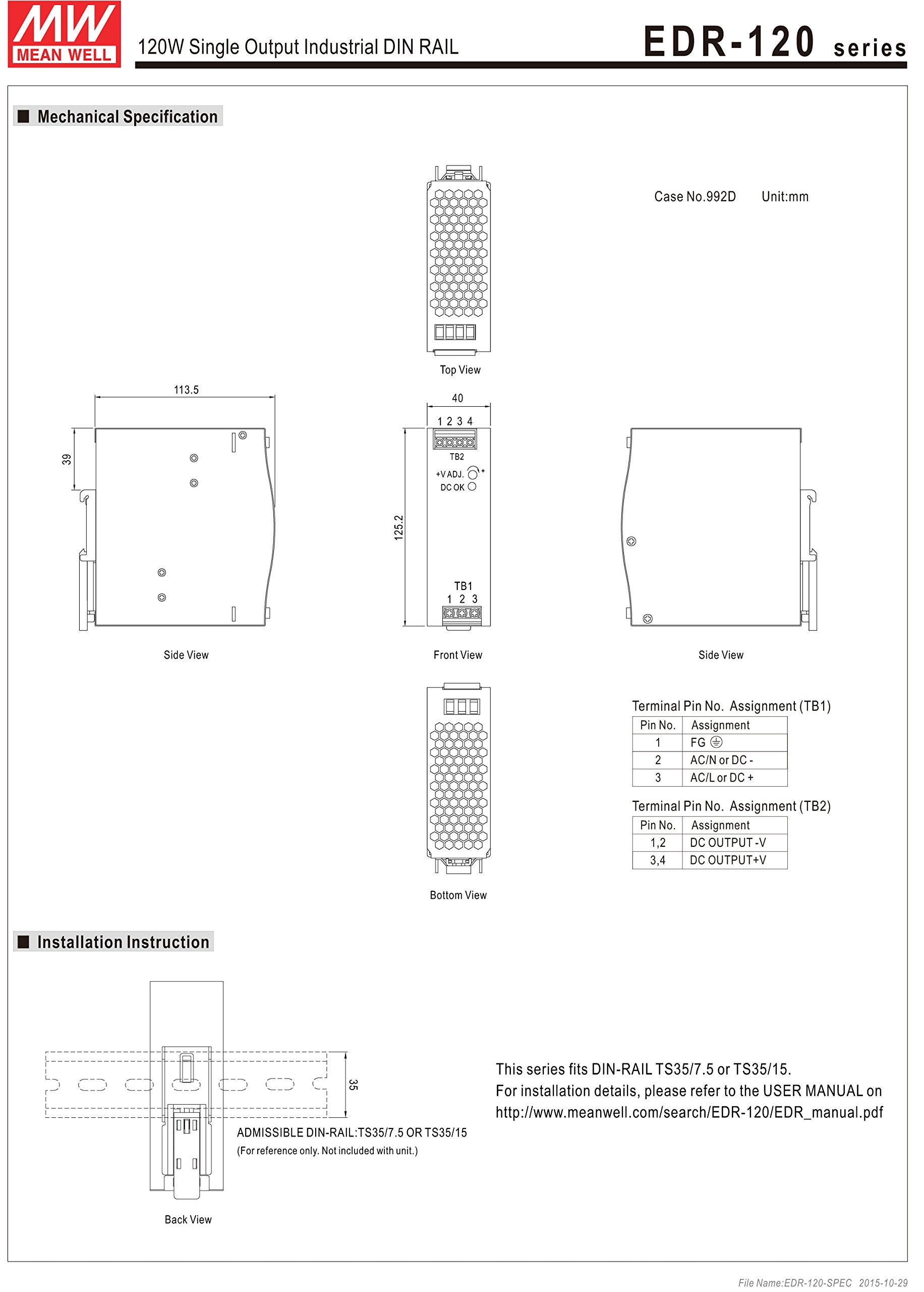 Mean Well Edr 120 24 Single Output Din Rail Power Supply 24V 5 Amp 120W