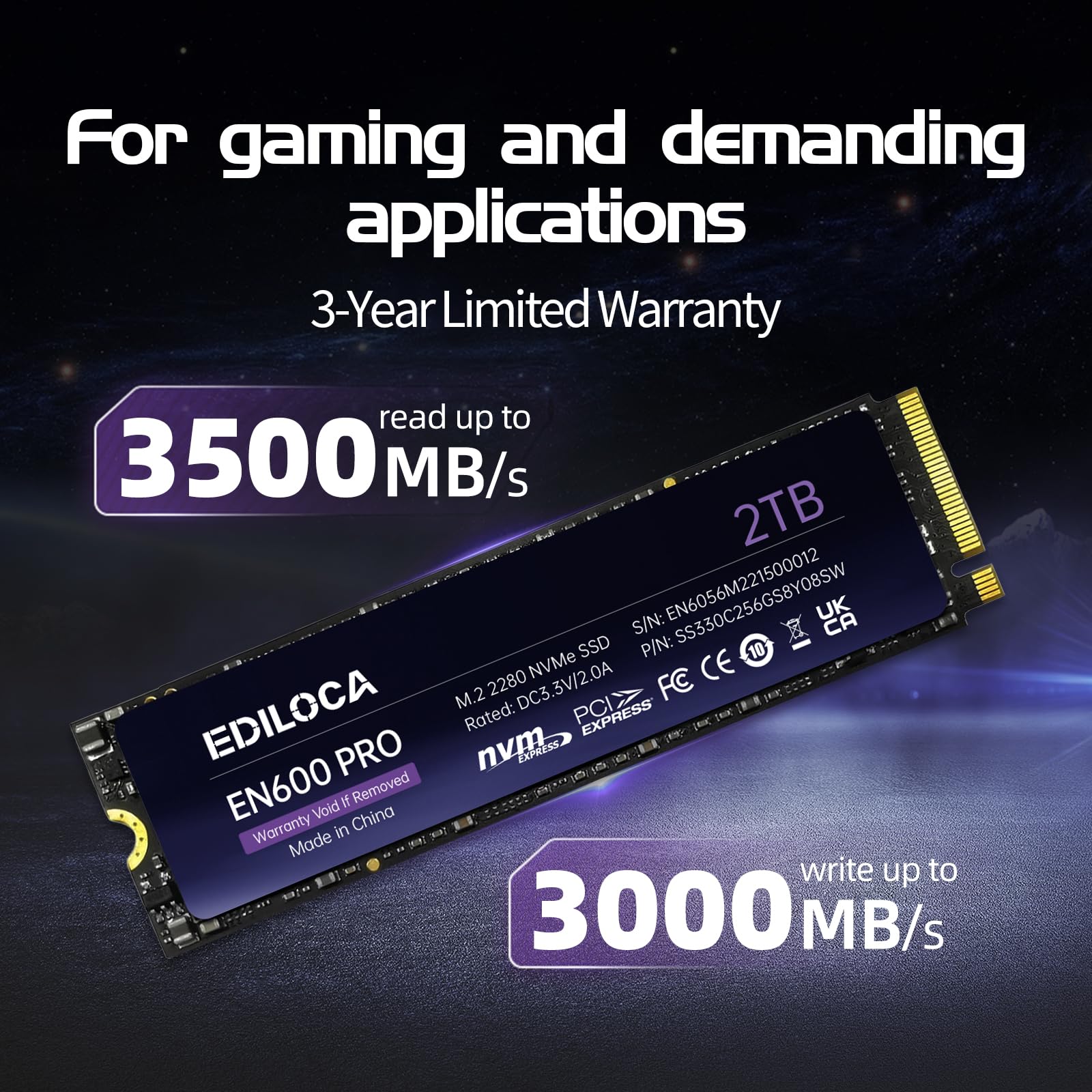 Ediloca En600 Pro Ssd 2Tb Pcle 3.0X4, Nvme M.2 2280, Up To 3500Mb/S, Internal Solid State Drive, Slc Cache 3D Nand Tlc, Graphene