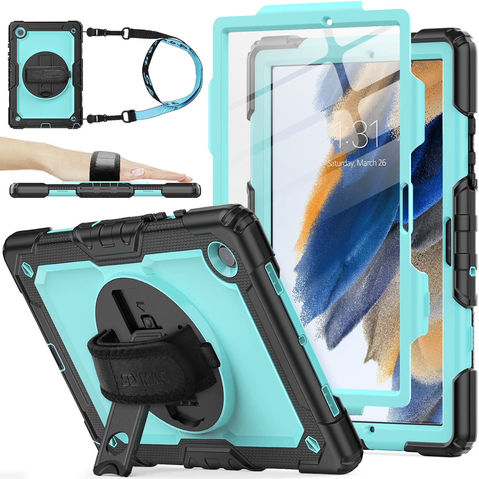 Seymac Stock 360 Hand Strap Shockproof Case For Samsung Galaxy Tab A8 10.5 Inch, Skyblue+Black