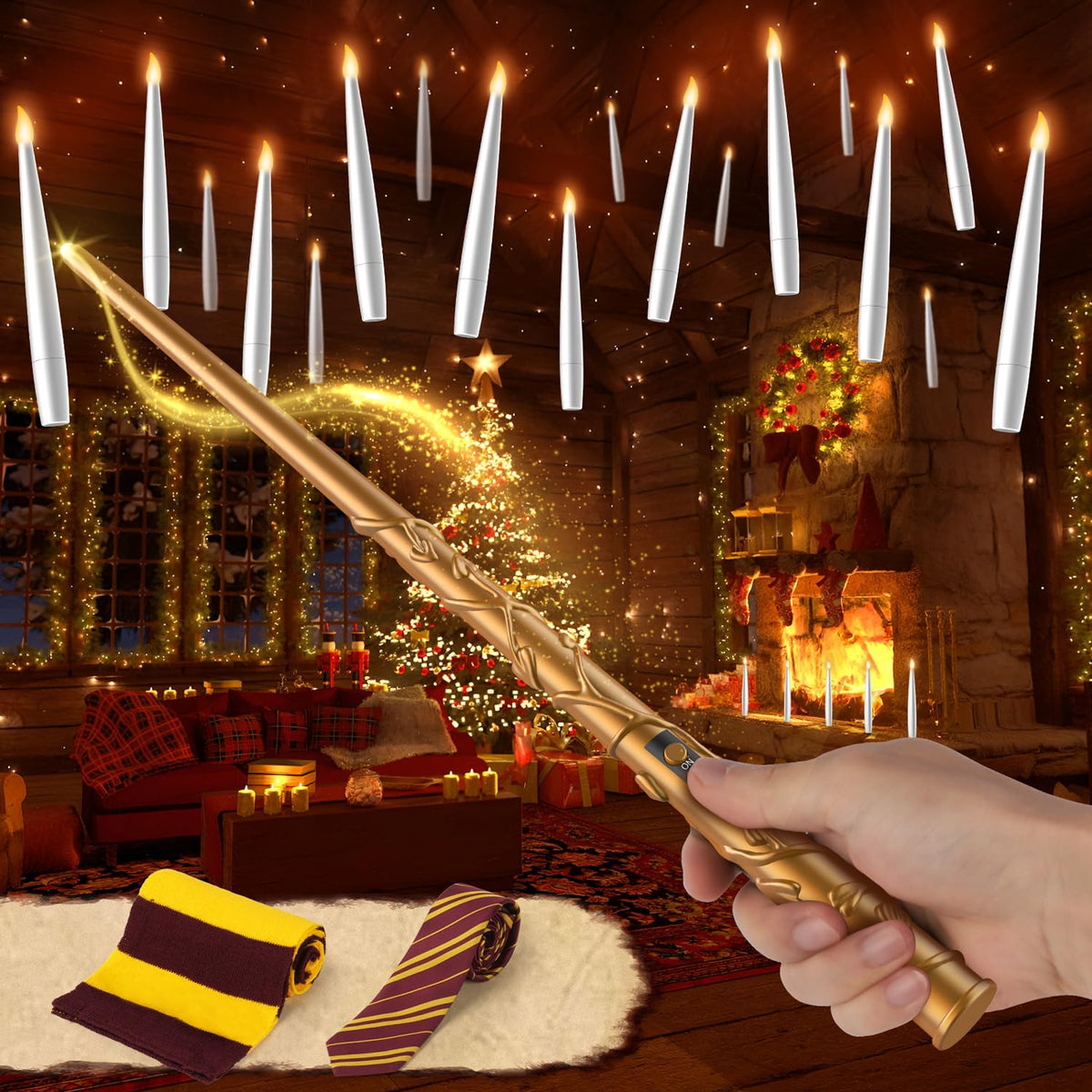 Tlpuhu Floating Candles With Wand 18Pcs - Christmas Decorations Magic Flameless Candles Hanging Candles With String Flameless Ta
