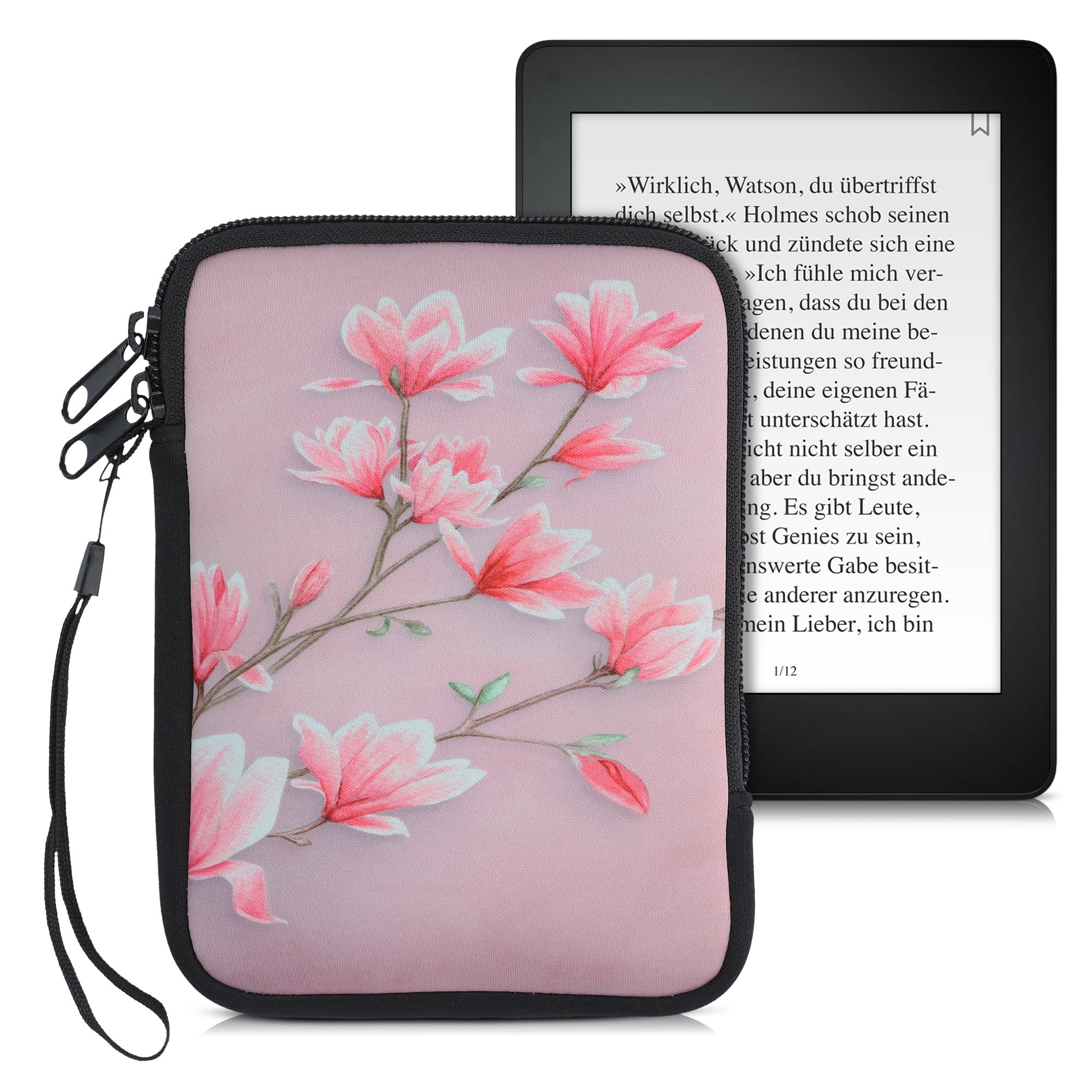 kwmobile Neoprene e-Reader Pouch Size 6 eReader - Universal eBook Sleeve Case with Zipper, Wrist Strap - Pink/White/Dusty Pink