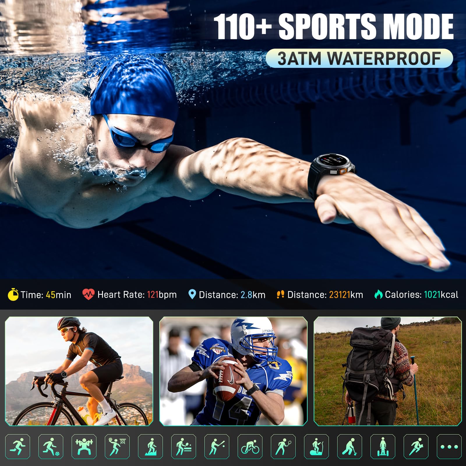 Military Smart Watch For Men With Call/Led Flashlight/3Atm Waterproof 1.45'' Hd Rugged Tactical Smartwatch With Compass Elevatio