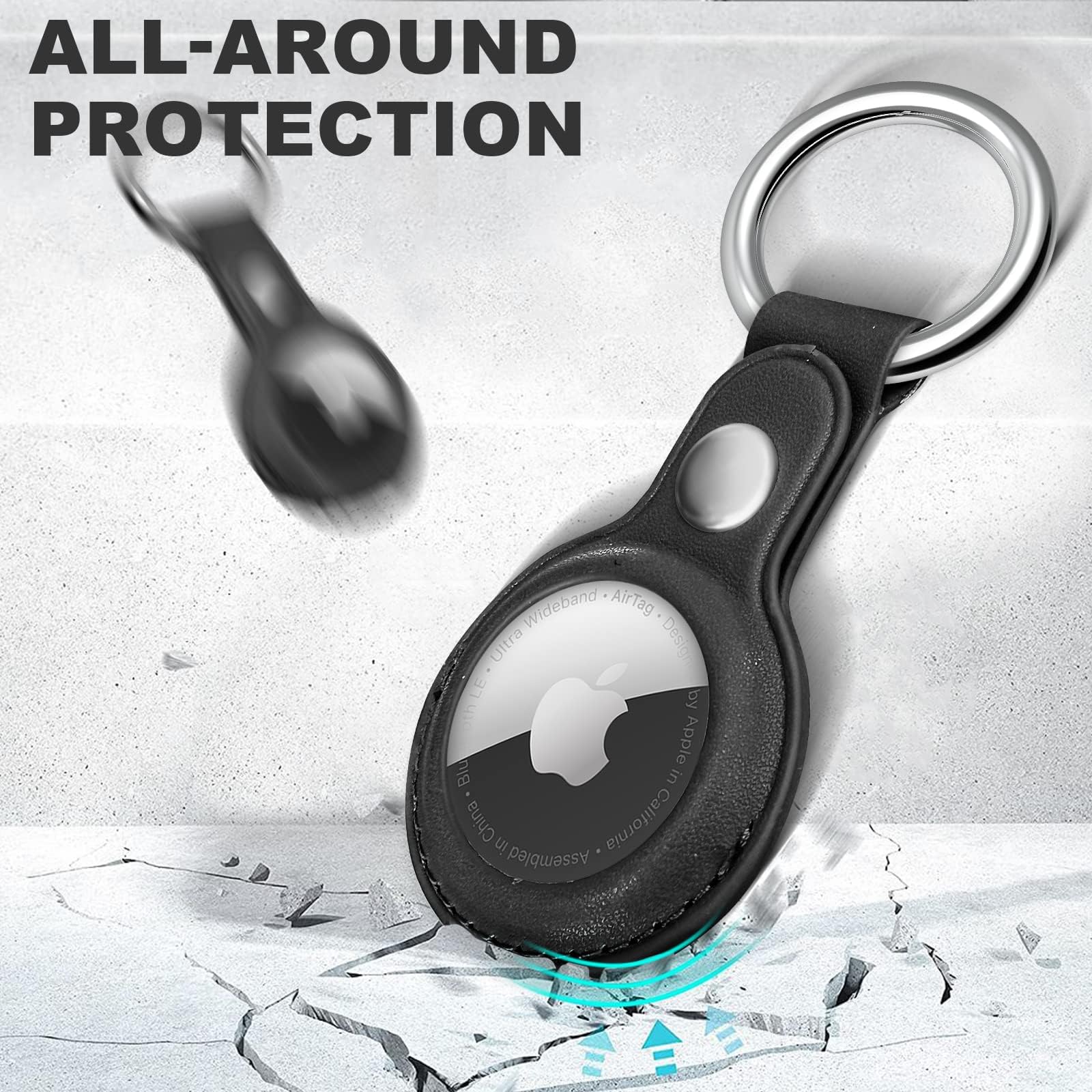 Woyinger Leather Airtag Keychain Holder   Protective Case And Key Ring For Apple Airtags   Black