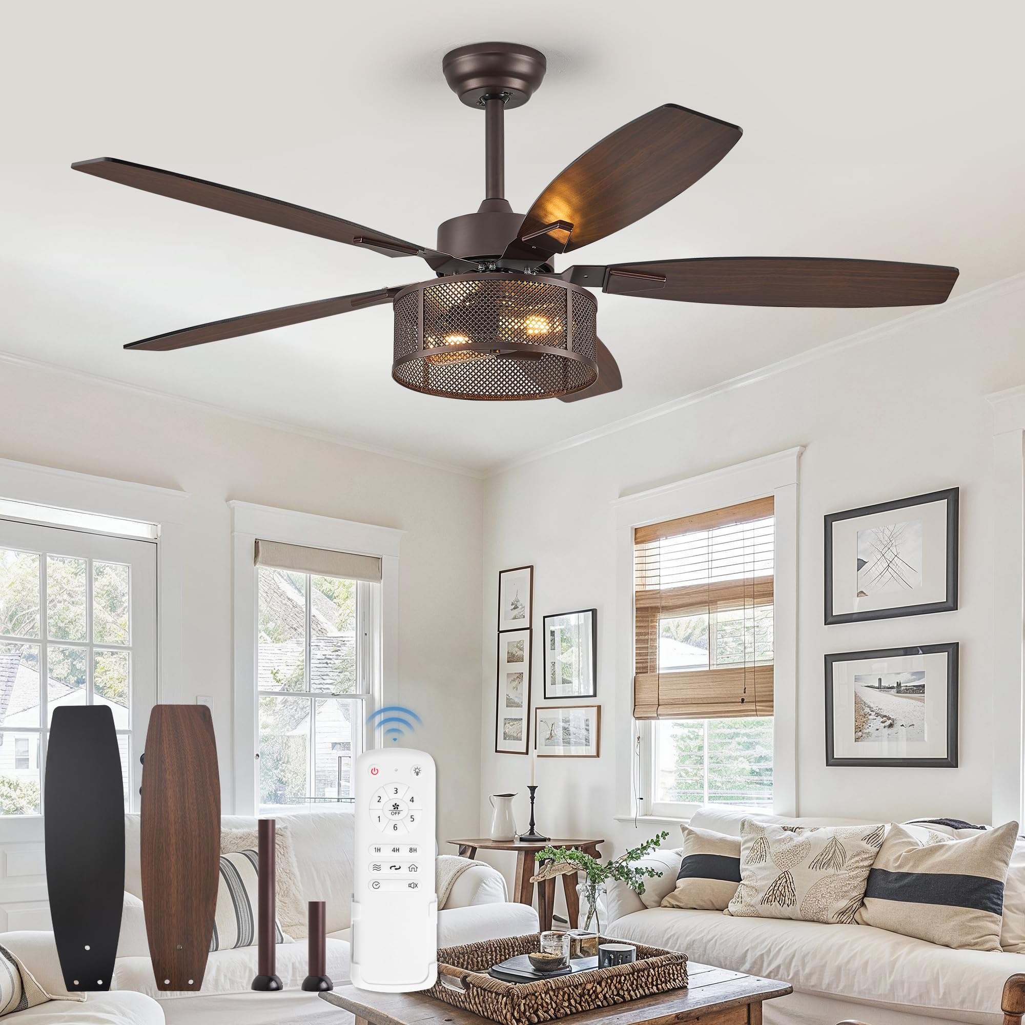 Farmhouse Oil Bronze Ceiling Fans With Lights And Remote, 52 Inch Bedroom Caged Ceiling Fans For Living Room Kitchen,6 Speed Rev