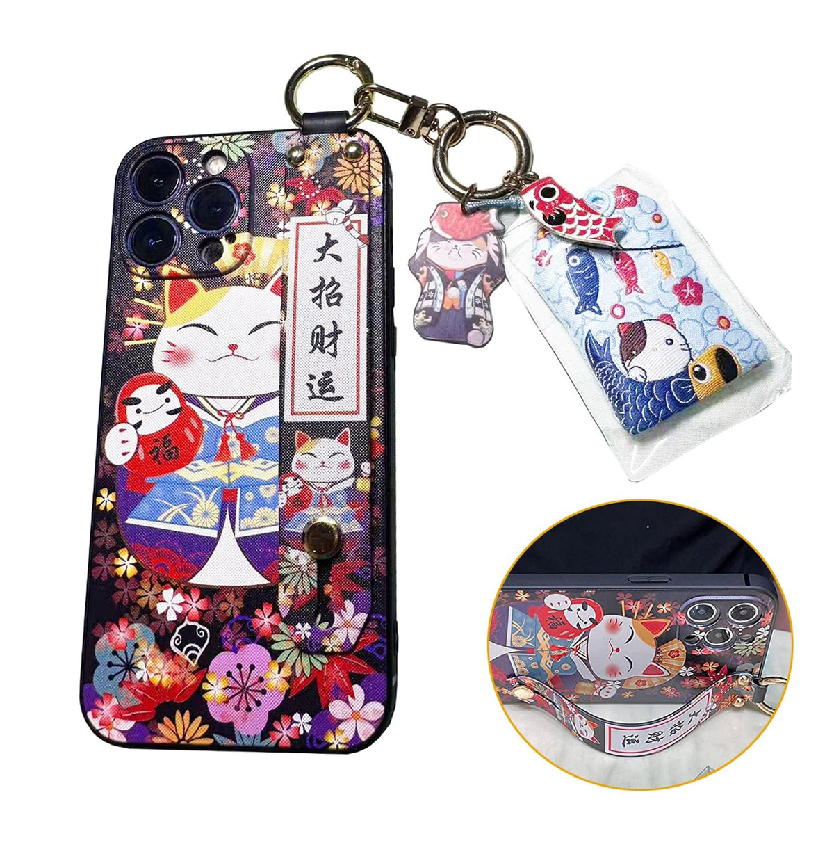 Compatible With Iphone 12 Pro Max Case With Phone Lanyard, 6.7 Inch Cute Japanese Lucky Cat Design, Glitter Luxury Soft Silicone