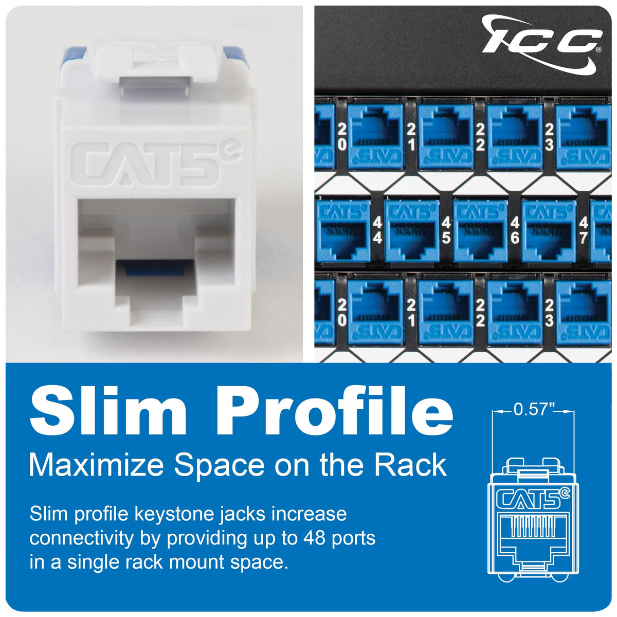 ICC CAT5e Keystone Jack with Slim Profile 180 Degree Punch Down, RJ45 ...