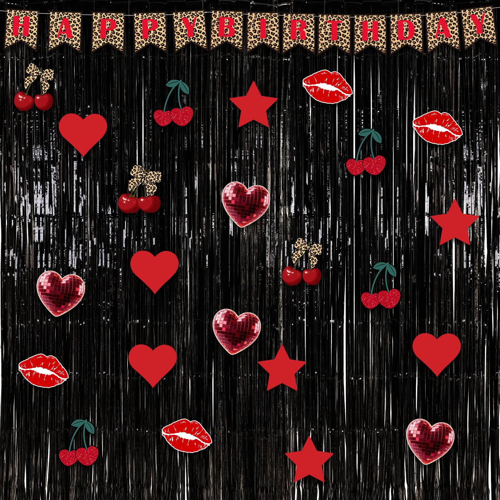 Epakh 39 Pcs Cheetah Cherry Birthday Party Decorations Includes 24 Pieces Paper Cards Decor 13 Pcs Happy Birthday Banner 2 Foil 