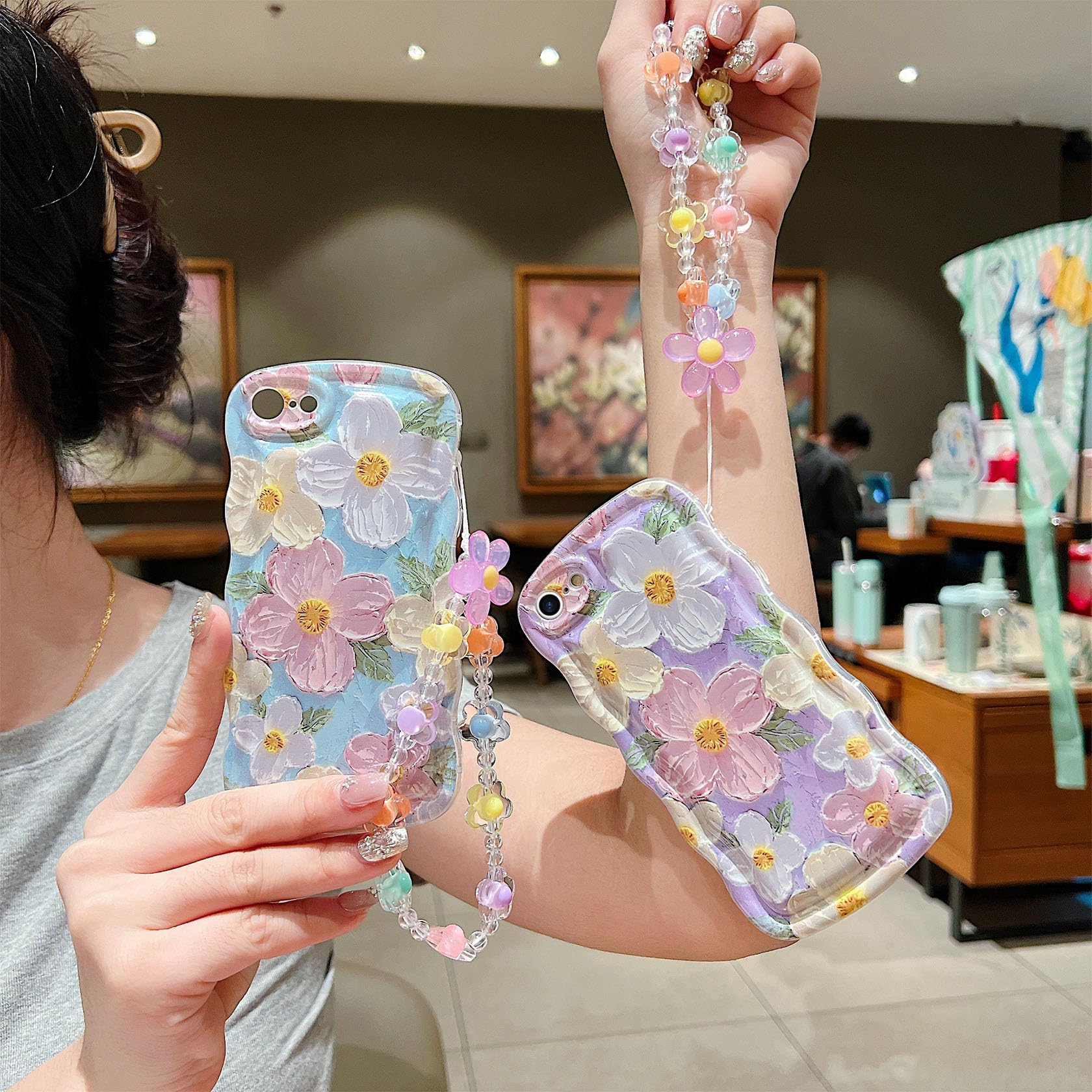 For Iphone Se Case 2022/2020 Iphone 8/7 Curly Wavy Case, Cute Colorful Retro Oil Painting Flower Glossy Pattern [With Bead Chain