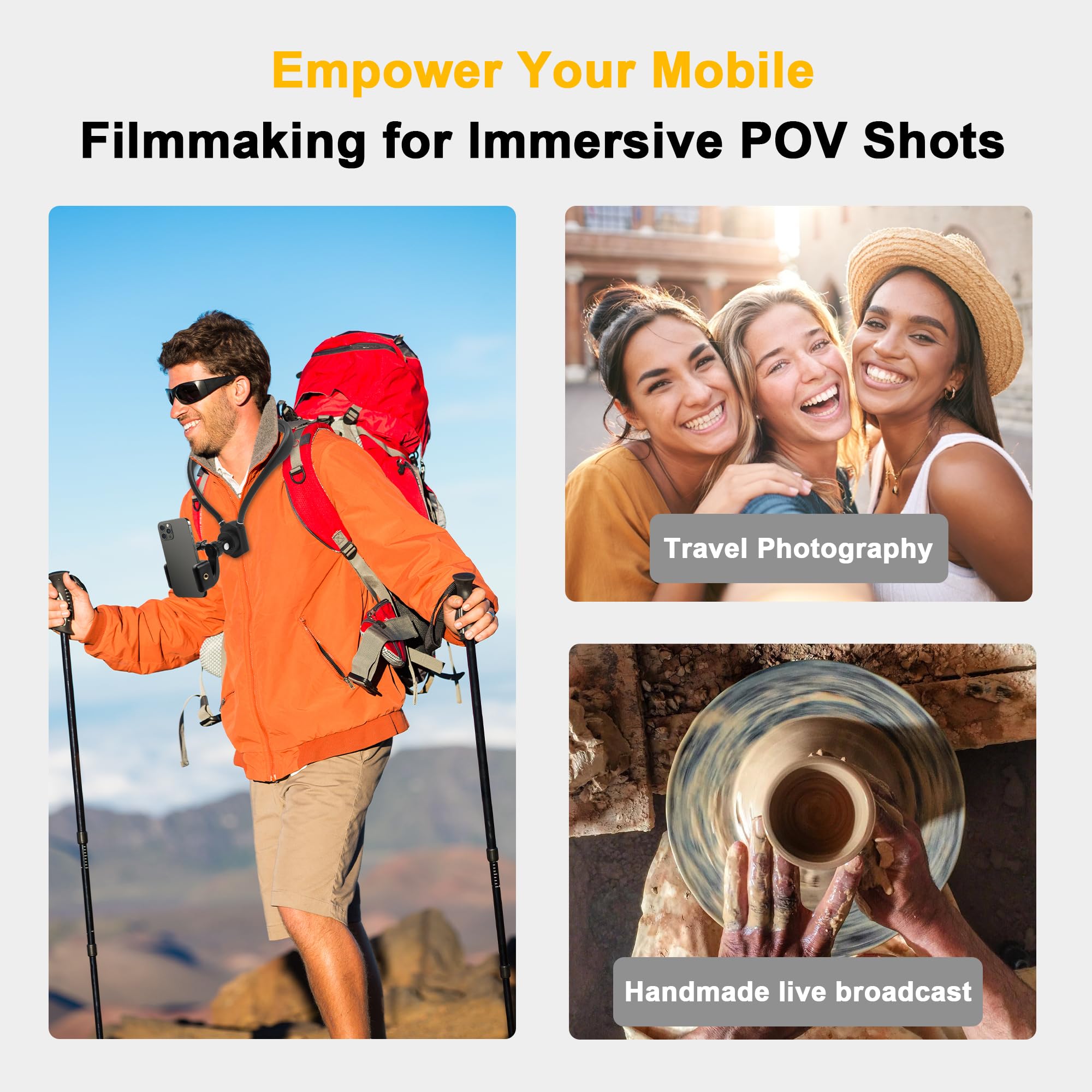 Neck Mount For Phones, Neck Cell Phone Holder Pov/Vlog Selfie Mount Hand Free Phone Neck Holder Chest Stand Strap Video Recordin