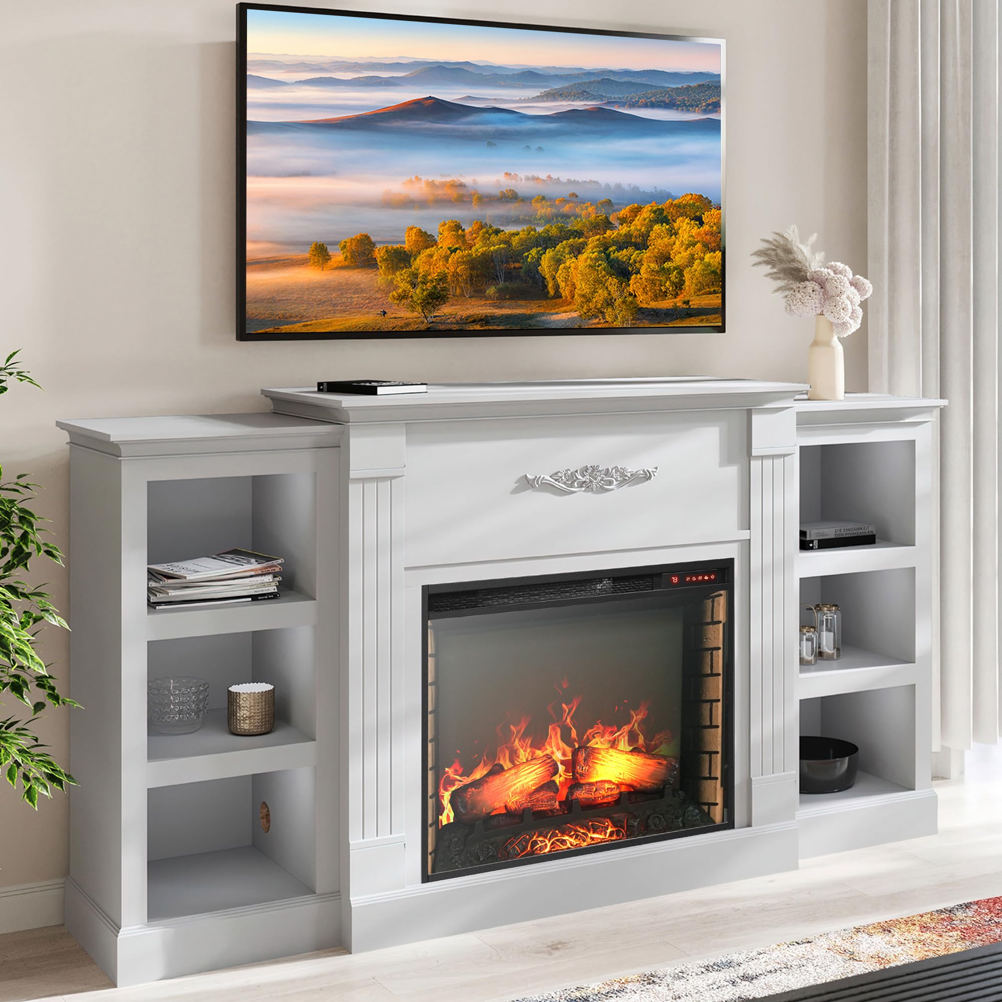 Belleze Modern 70'' Electric Fireplace Heater Mantel Tv Stand & Media Entertainment Center For Tvs Up To 68'' With Energy Effici
