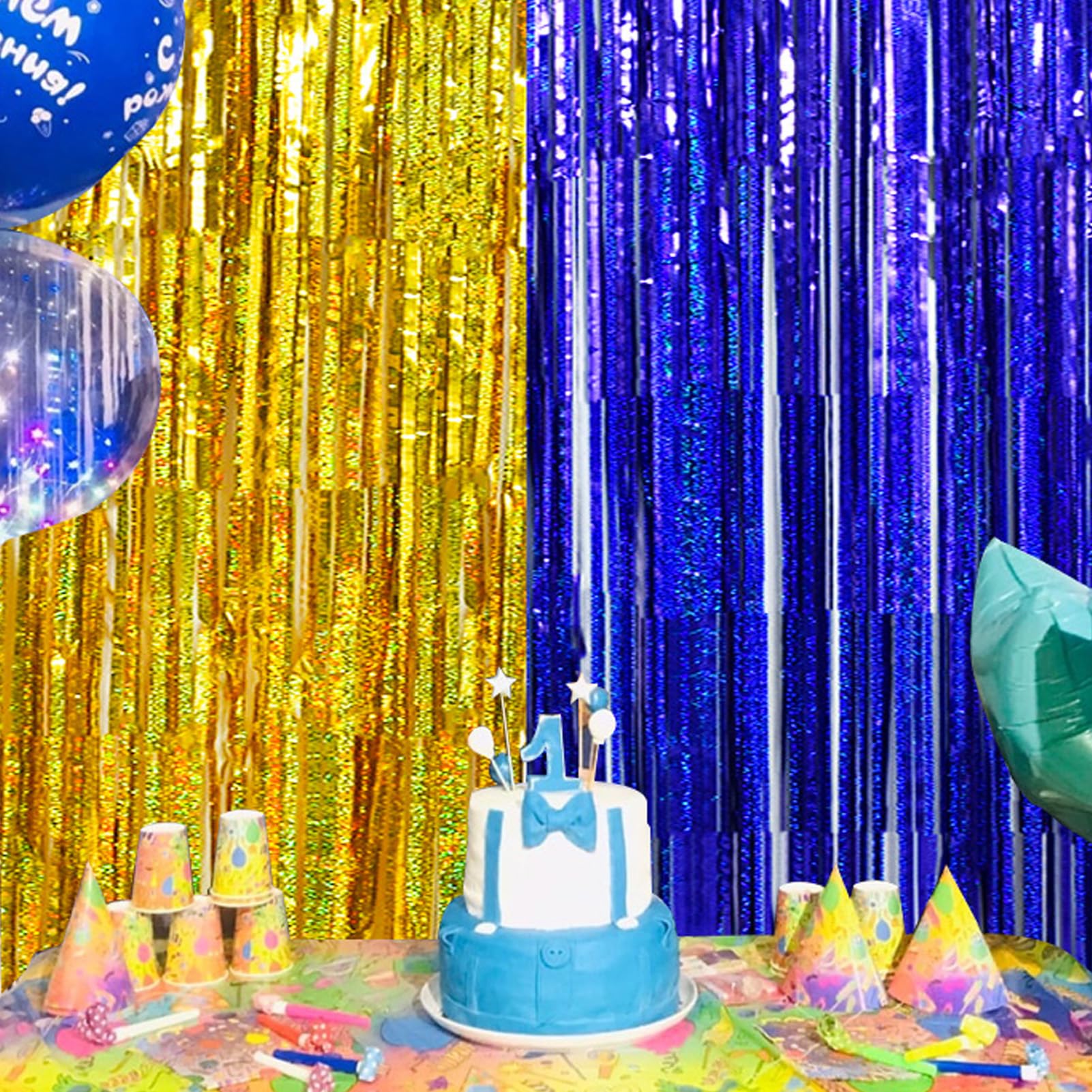 Beishida 4 Pcs Blue And Gold Party Streamers Fringe Foil Curtain Backdrop Tinsel Background Party Decoration For Door Wall Gradu