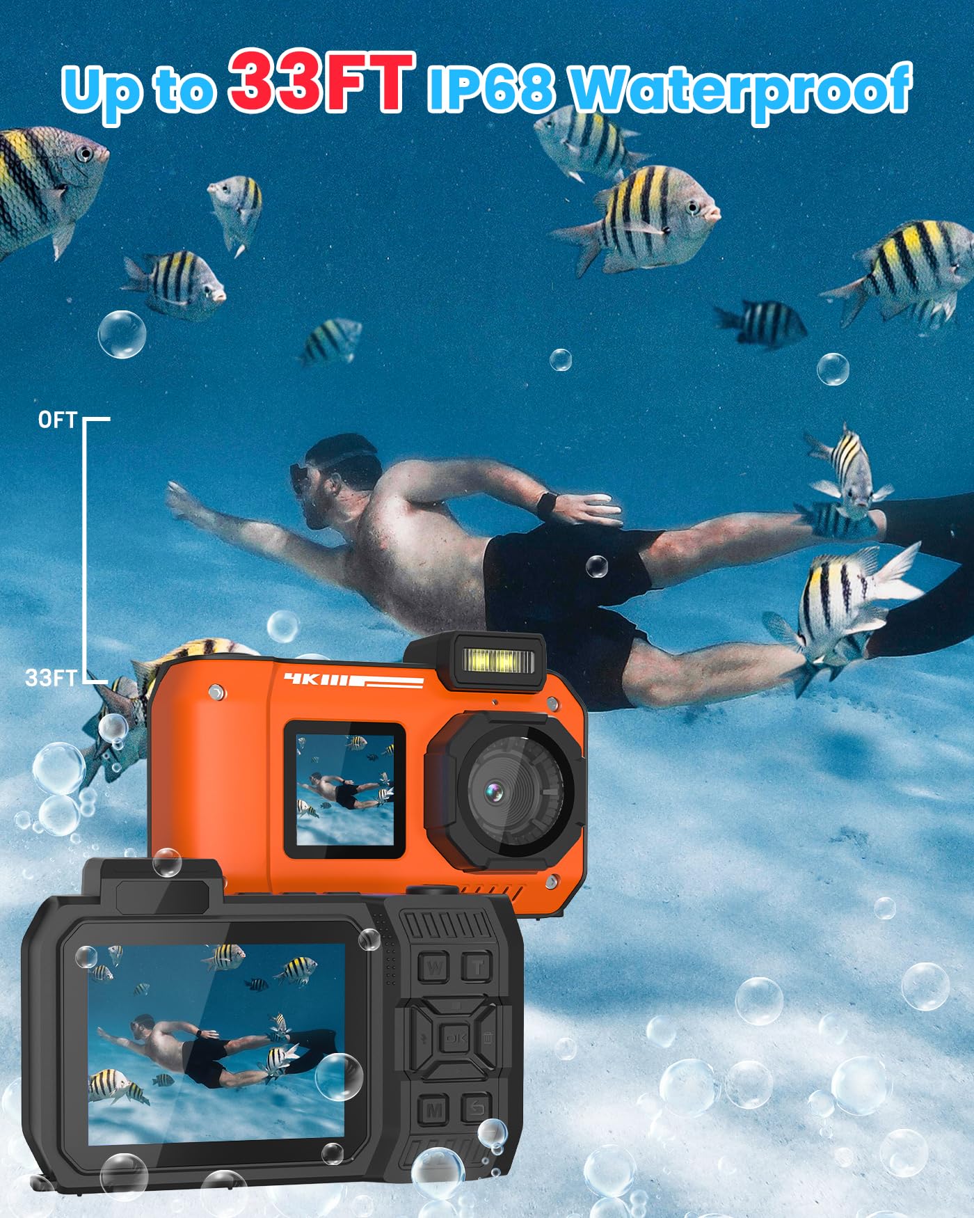 33Ft Underwater Camera With 64G Card, 4K 48Mp Waterproof Camera Rugged Dustproof Shockproof For Snorkeling, Autofocus Selfie Dig