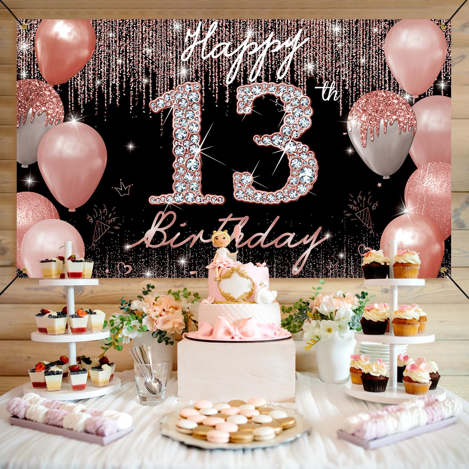 13Th Birthday Decoration For Girls, Happy 13Th Birthday Backdrop Banner Rose Gold, Sweet 13 Year Old Birthday Party Yard Sign Ph