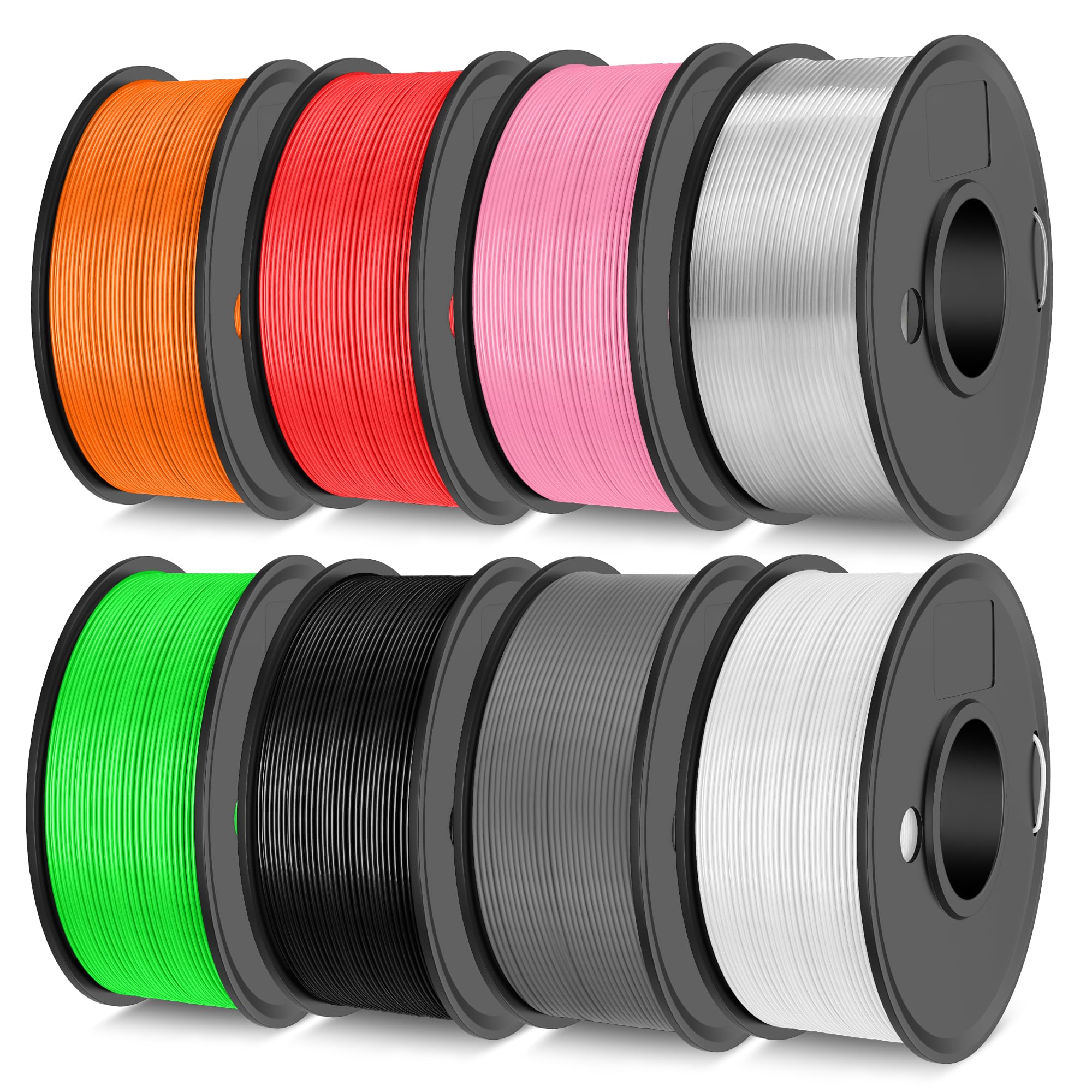 TECBEARS PLA 3D Printer Filament Pack, 250g PLA Filament 1.75mm, 0.25kg Each Spool, Total 2kg, 8 Packs, Black+White+Green+Transp