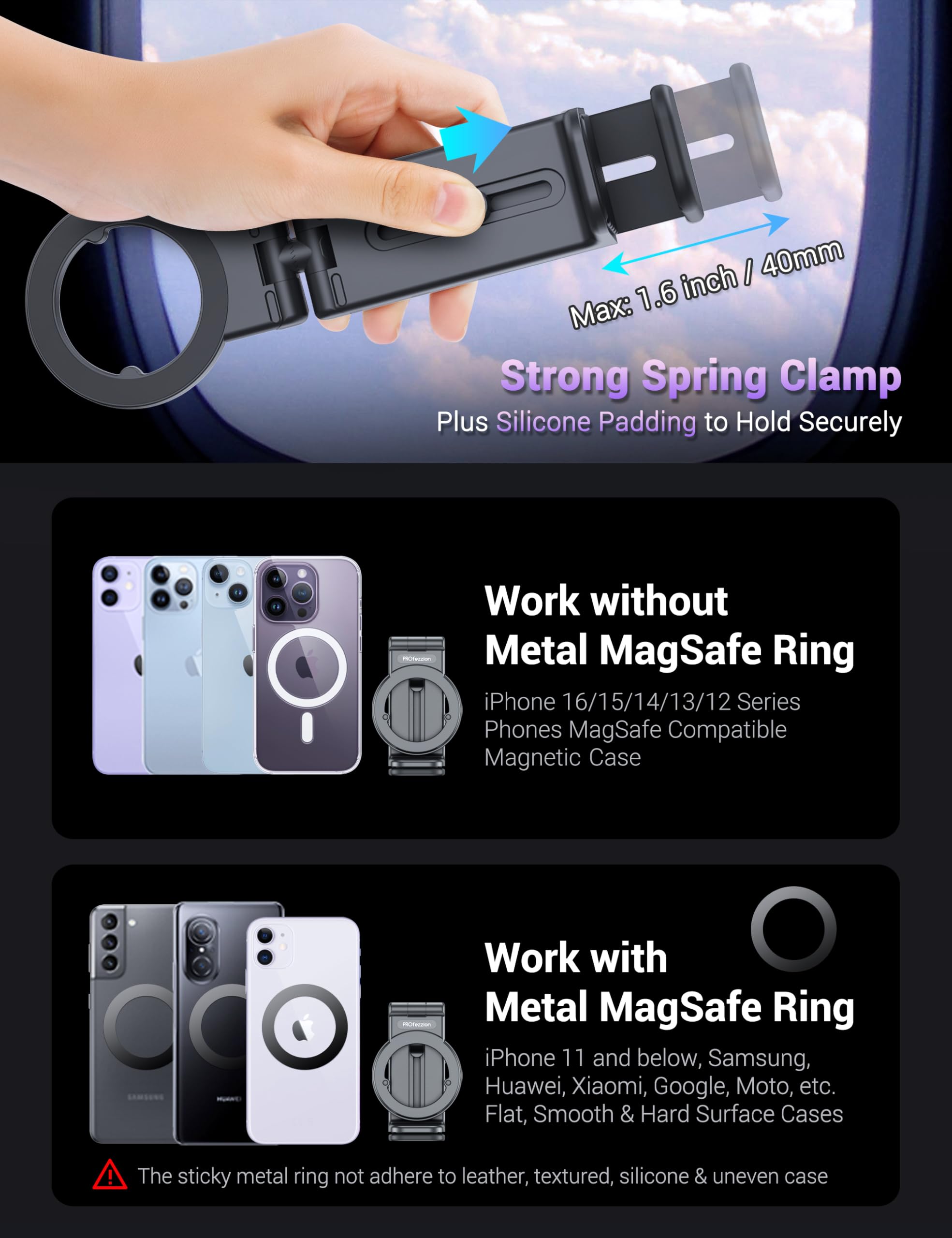 Profezzion Magnetic Airplane Phone Holder For Magsafe, Iphone 16, 15, 14, 13, 12 & All Phones, Handsfree Phone Mount For Seat Tr