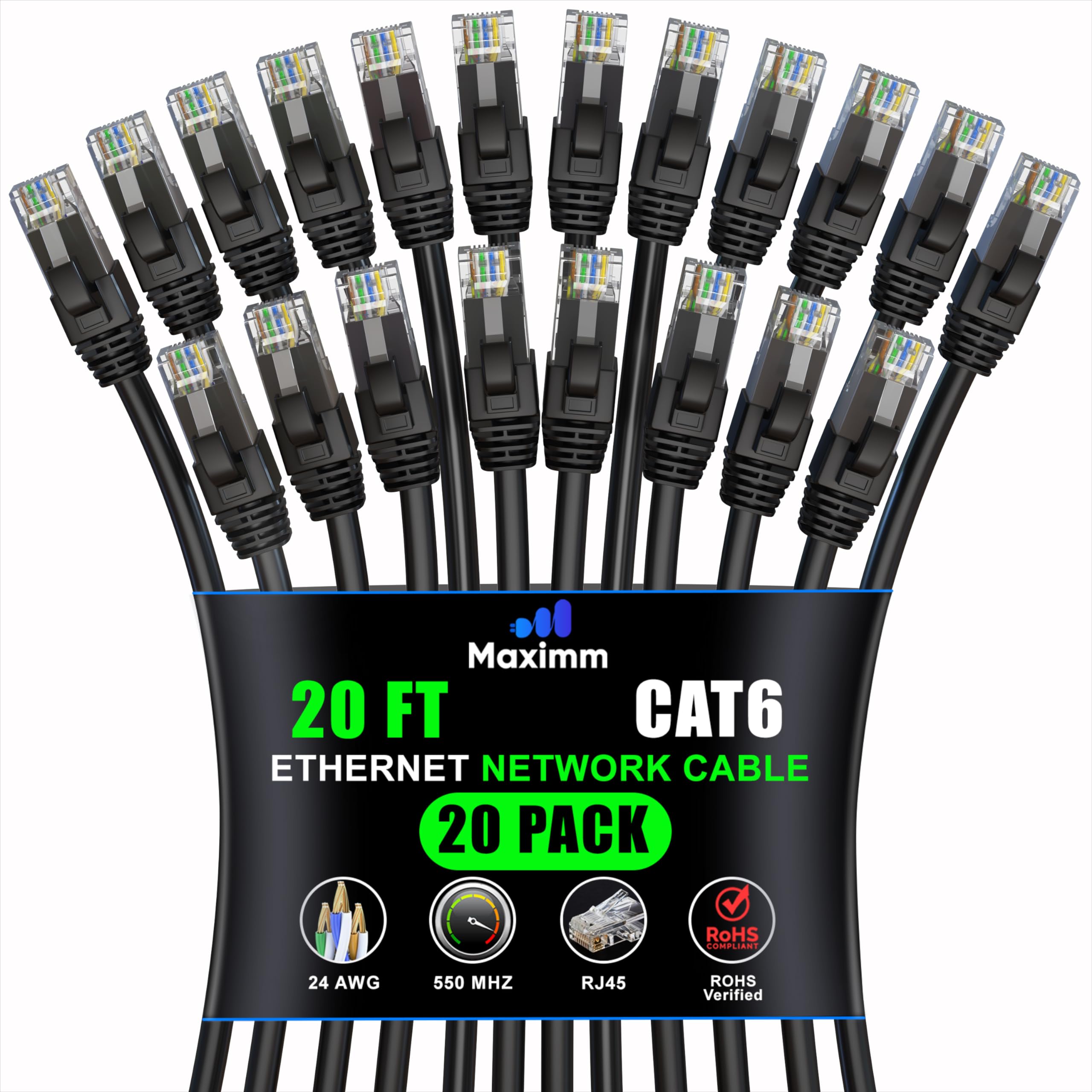 Maximm Cat 6 Ethernet Cable 20 Ft (20 Pack)   High Speed Lan Cable, Internet Cable, Patch Cable, And Network Cable   Utp, 10Gbps, 550Mhz Ethernet Cord   Black