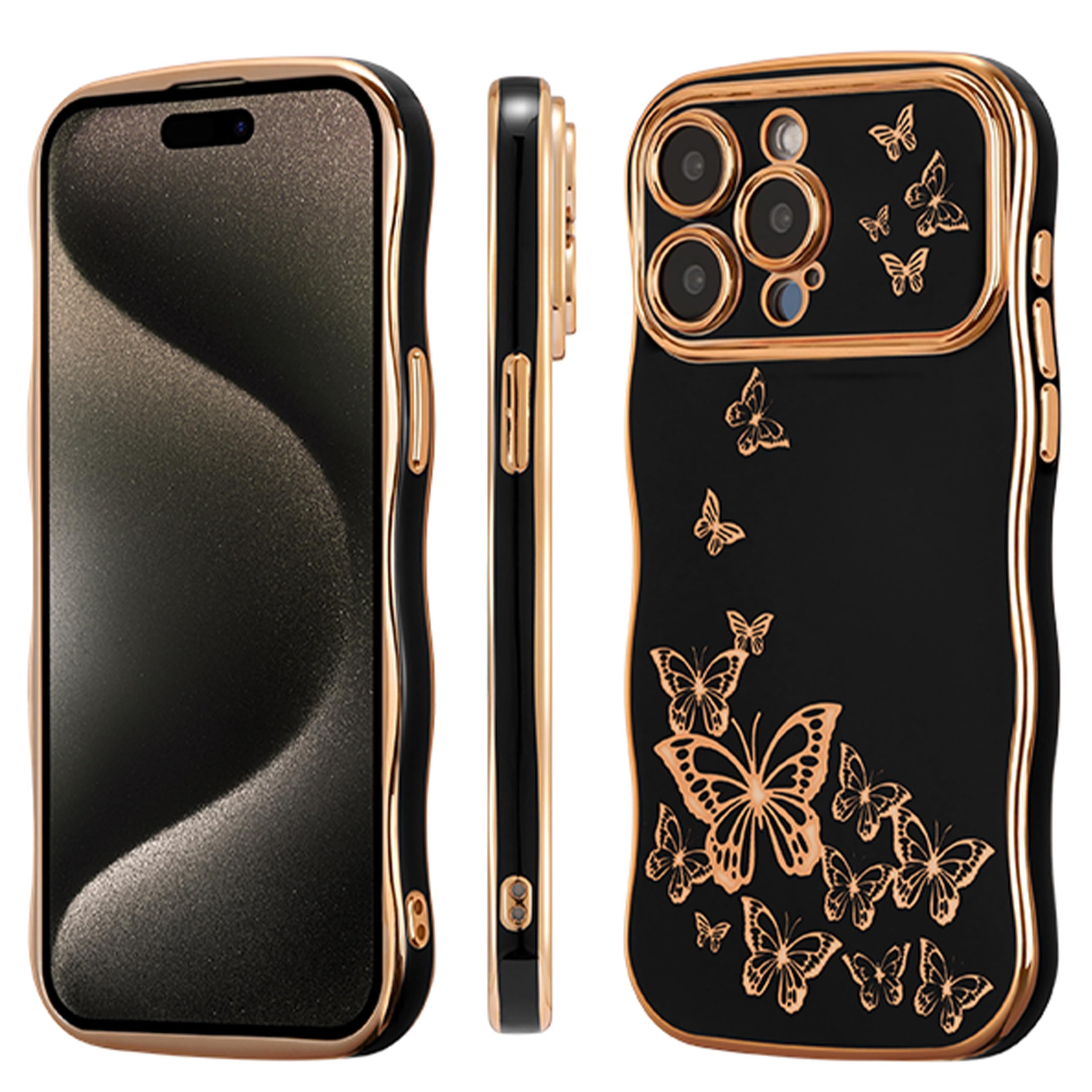 Ztofera For Iphone 15 Pro Max Case For Girl Women, Cute Curly Wave Frame With Luxury Plating Butterfly Pattern, Soft Tpu Shockpr